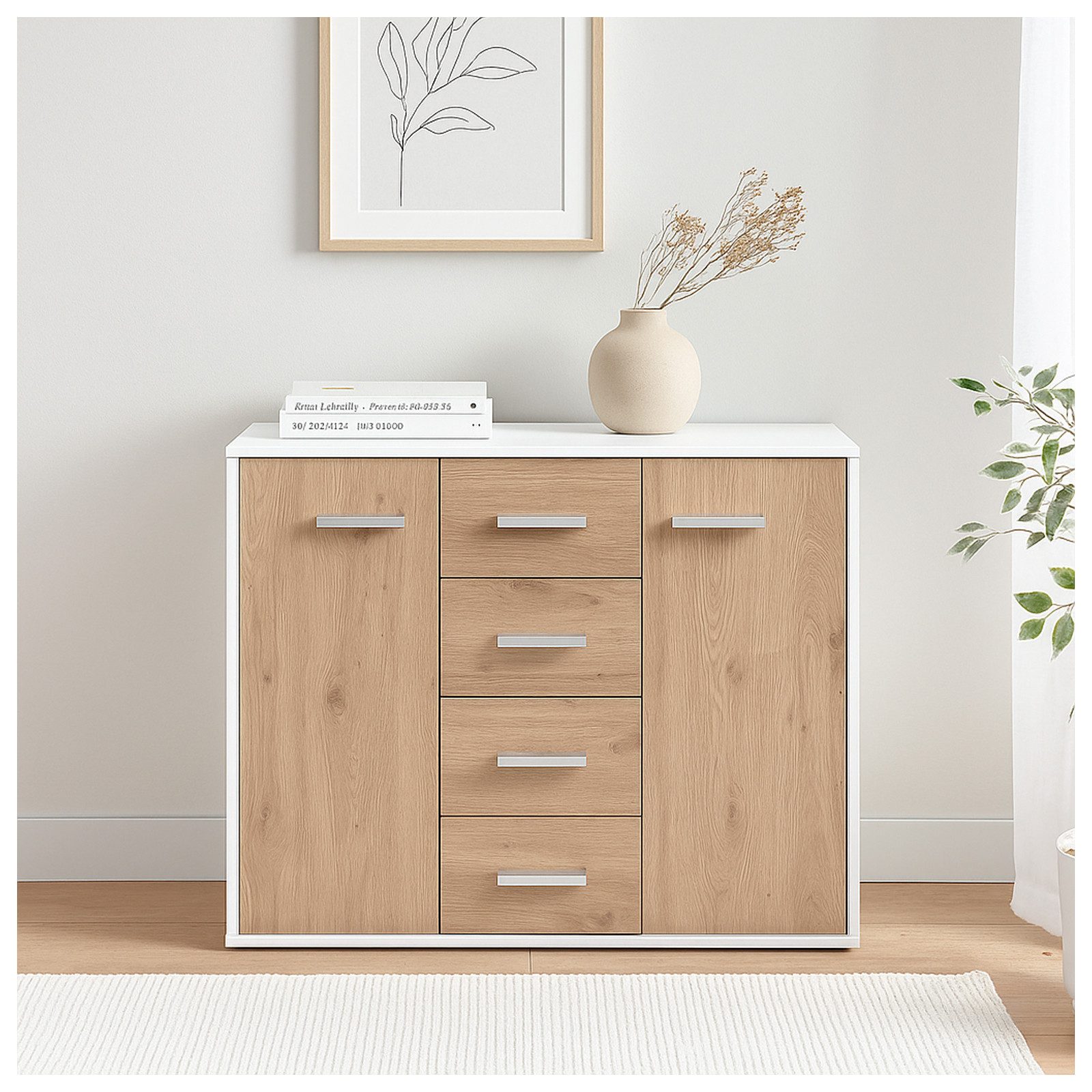 Sideboard Nina mit 4 Schubladen Weiß Artisaneiche