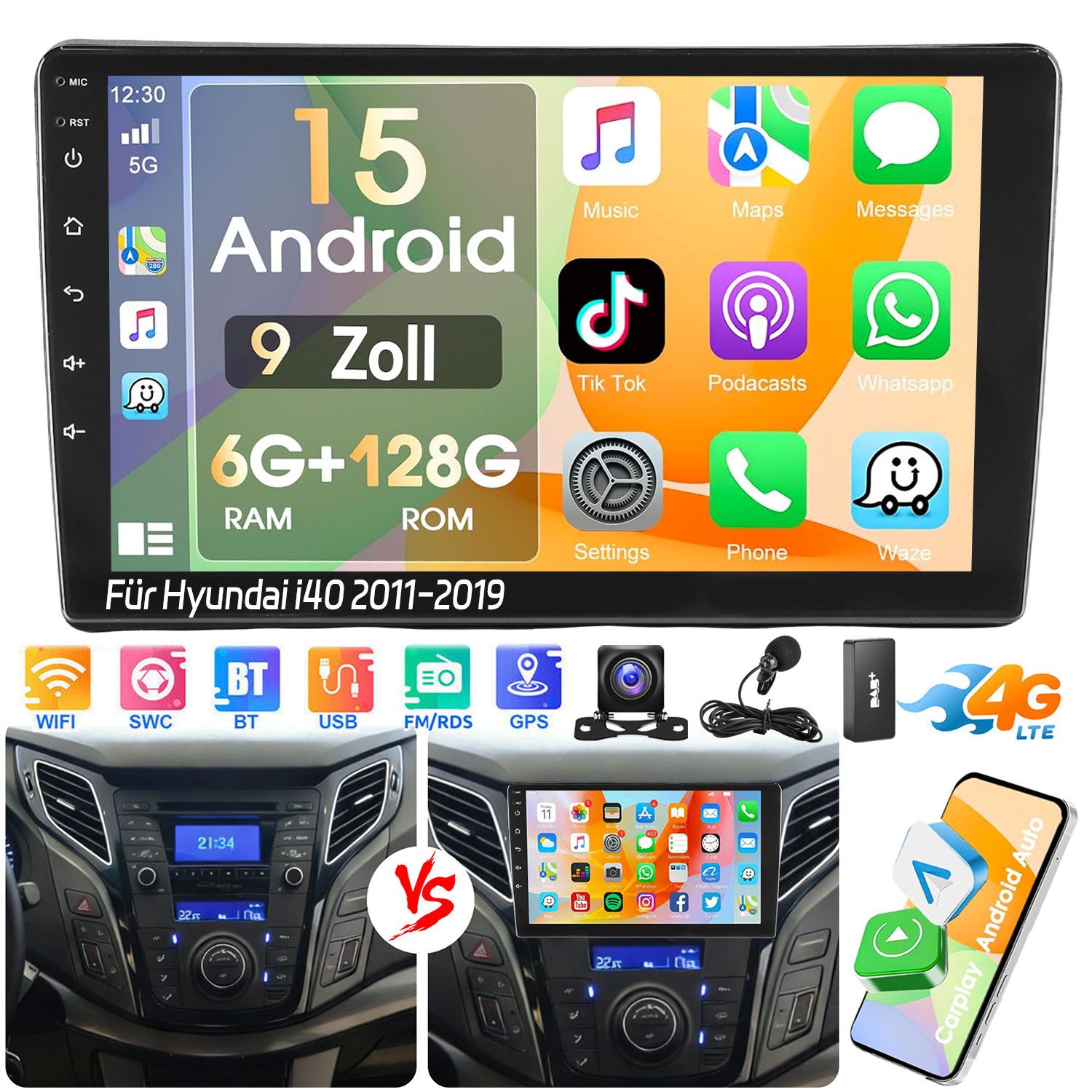 ESSGOO 4G 6+128G Carplay Android15 Autoradio Für Hyundai i40 2011-2019 BT 5.0 Autoradio (DAB+ (optional), DAB (optional), 4G LTE, RDS, AM, FM, 6GB+128GB, Carplay Android Auto Bluetooth EQ USB GPS Navi WIFI Touchscreen)