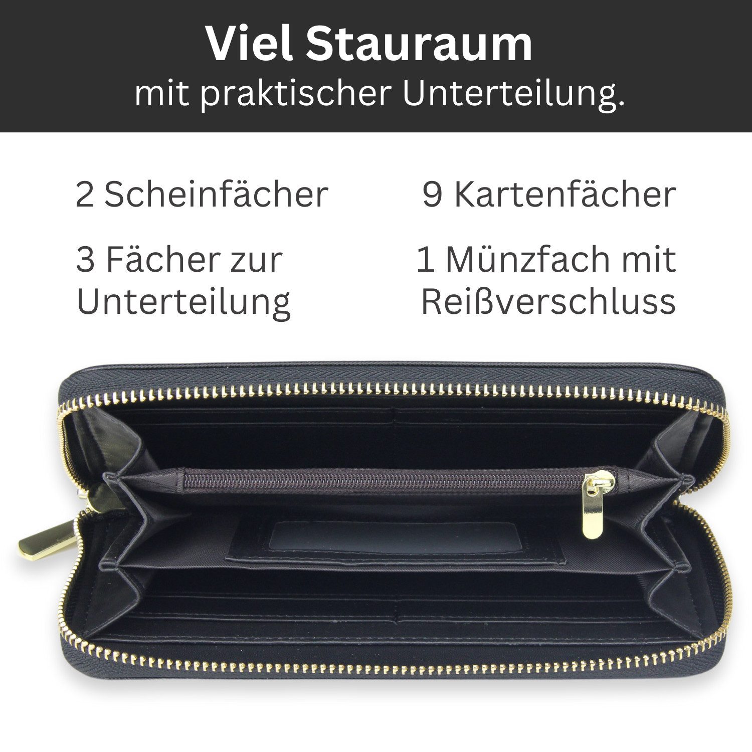 Frentree Geldbörse Damen Portemonnaie mit Rundum-Reißverschluss, 9 Karten, Handyfach, mit 3 große Fächer und RFID-Schutz,inkl. Geschenkbox
