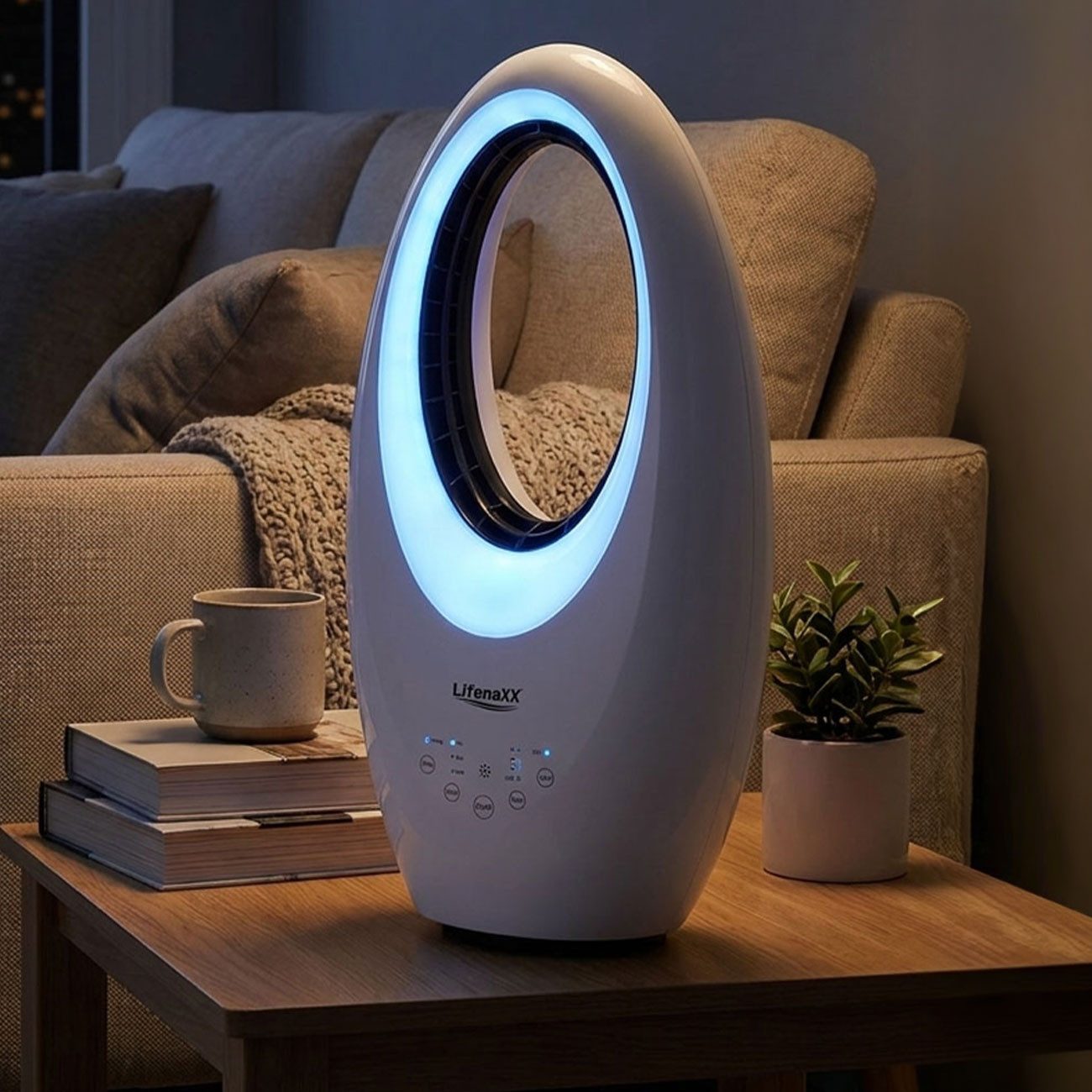 Lifenaxx Tischturmventilator Rotorloser Ventilator mit LED, 3 Stufen, Oszillation, Timer, 50W, Moderner 50W Turmventilator mit 4-farbiger LED-Beleuchtung & Timer