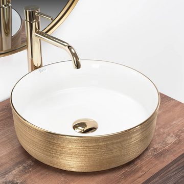 wohnwerk.idee Aufsatzwaschbecken Waschbecken Keramik Sami Brushed Gold Gebürstet rund Ø36,5cm