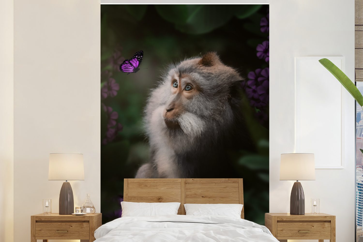 MuchoWow Fototapete Affe - Dschungel - Schmetterling - Pflanzen, Matt, bedruckt, (3 St), Montagefertig Vinyl Tapete für Wohnzimmer, Wandtapete