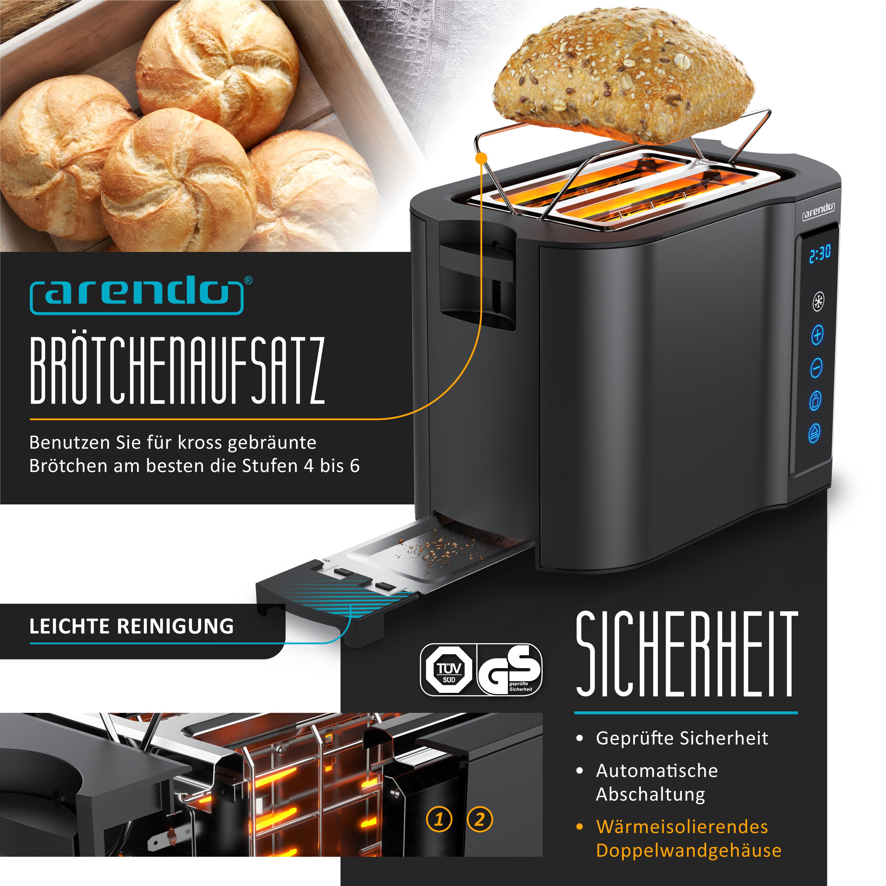 Arendo Frühstücks-Set Edelstahl Wasserkocher 1,5l, 2-Scheiben Kurzschlitz Toaster, schwarz (2-tlg), Wasserkocher mit Temperatureinstellung, Toaster Brötchenaufs – Bild 4 von 5