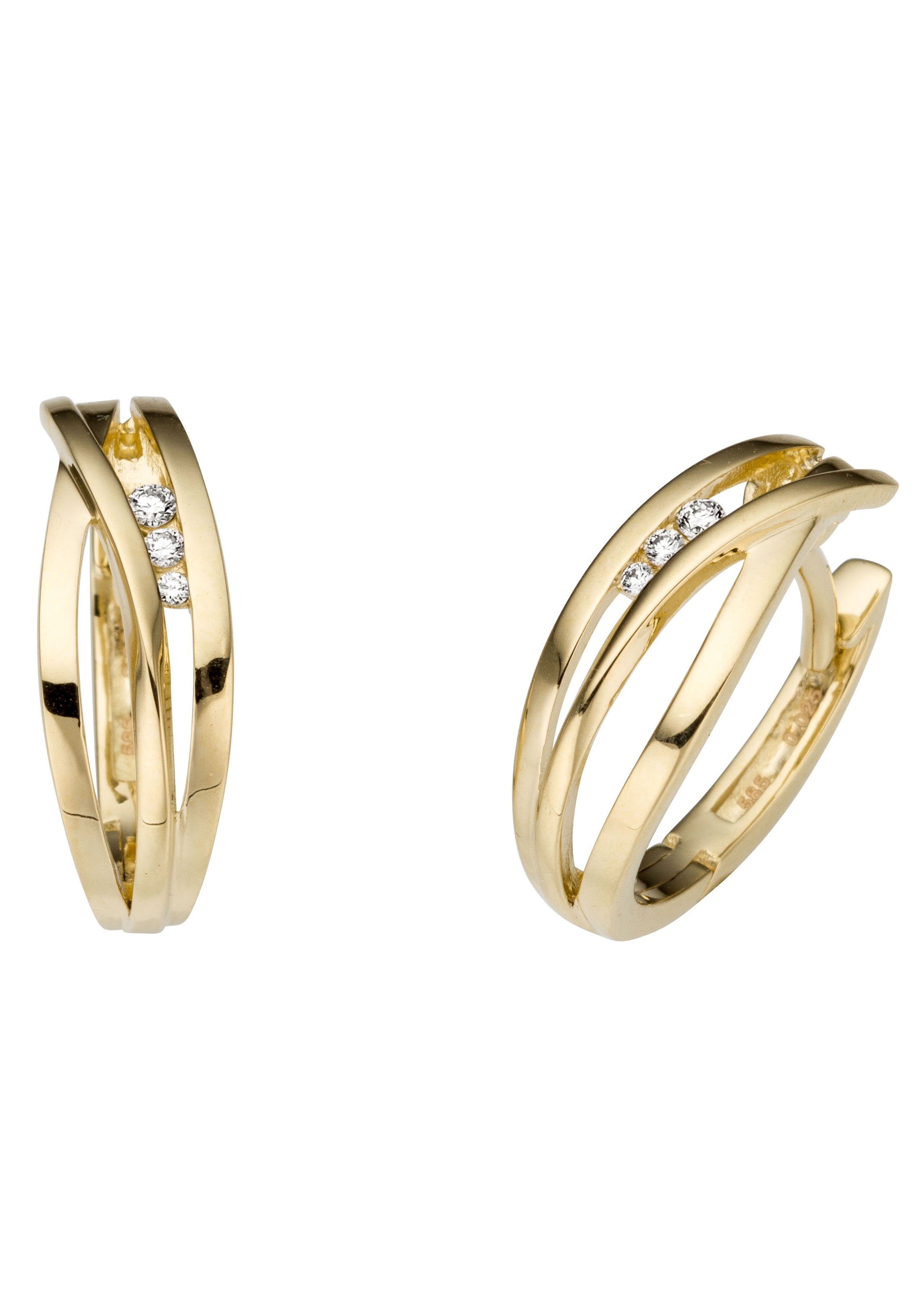 Firetti Paar Creolen Schmuck Geschenk Gold 585, Edles Design, teilw. mehrreihig, massiv, mit Brillant - Kanalfassung