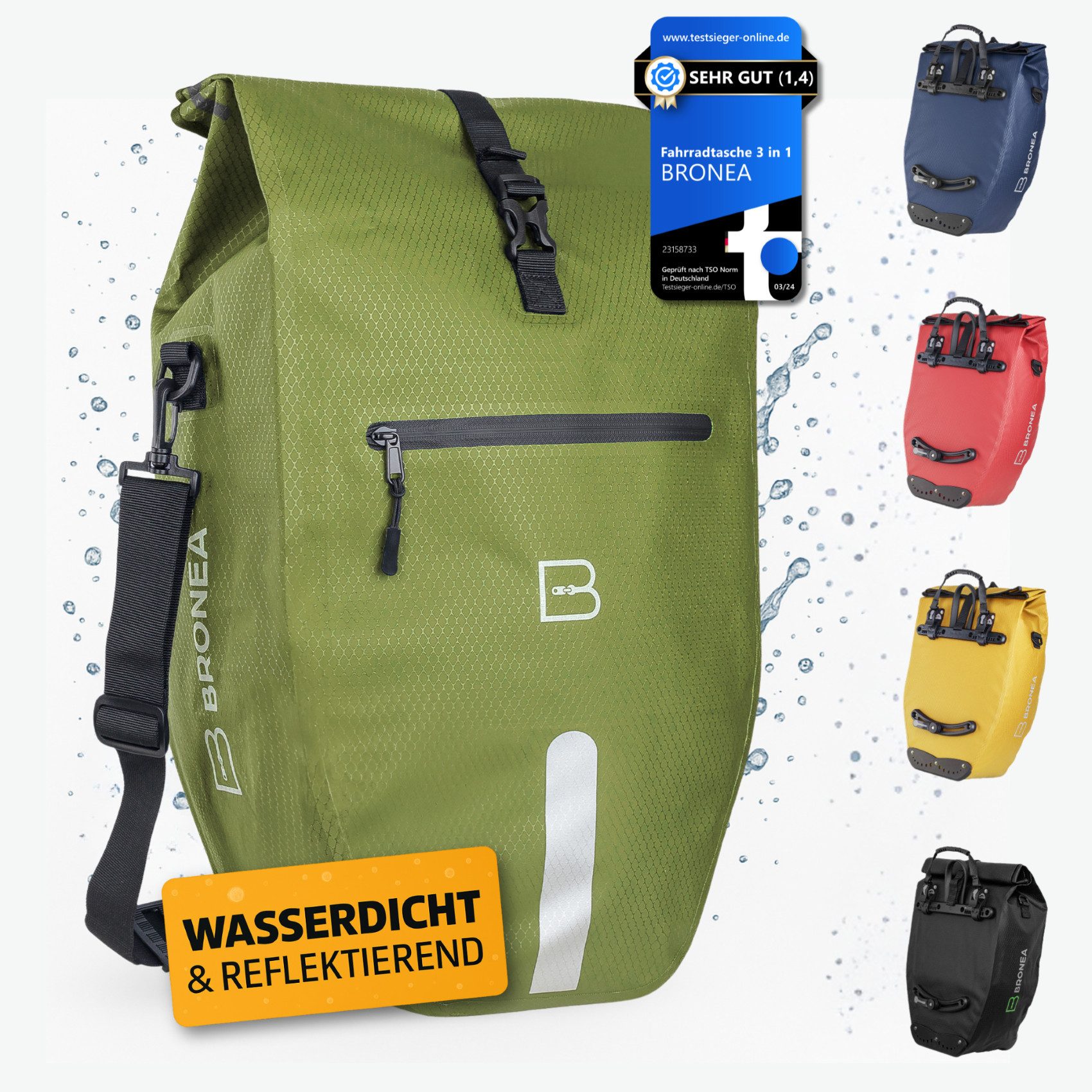 Bronea Fahrradtasche 2in1 Gepäckträgertasche Fahrrad XXL 28 Ltr - Verstärkt - Abnehmbar (Fahrradtasche für Gepäckträger hinten, Wasserdicht & Reflektierend - Laptoptasche), Innovatives verstellbares Click System für alle Gepäckträger