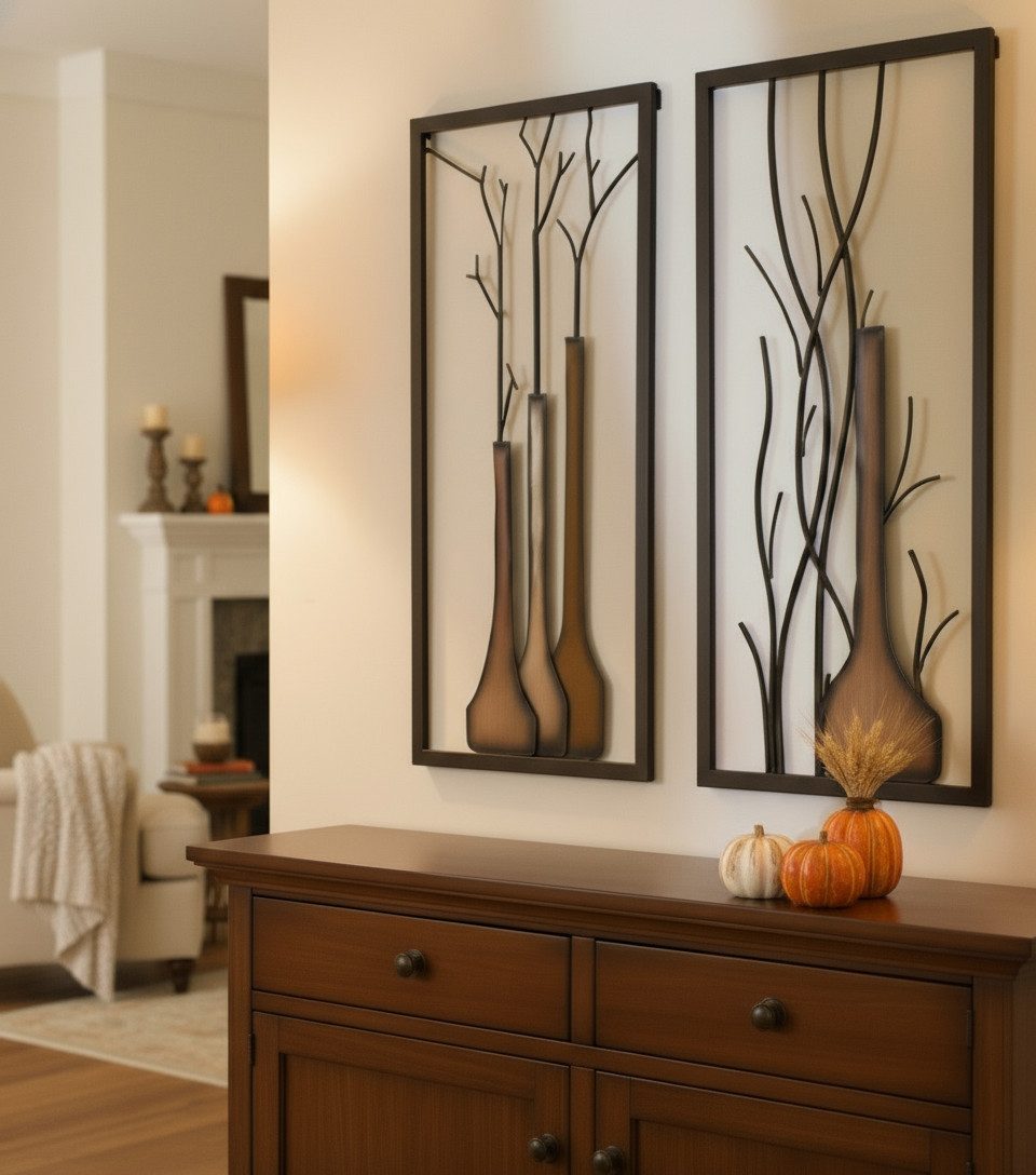 MF Wanddekoobjekt Wandbild 2er Set Vase Herbst Winter Design Handbemalt Metall 80x40cm (2 St)