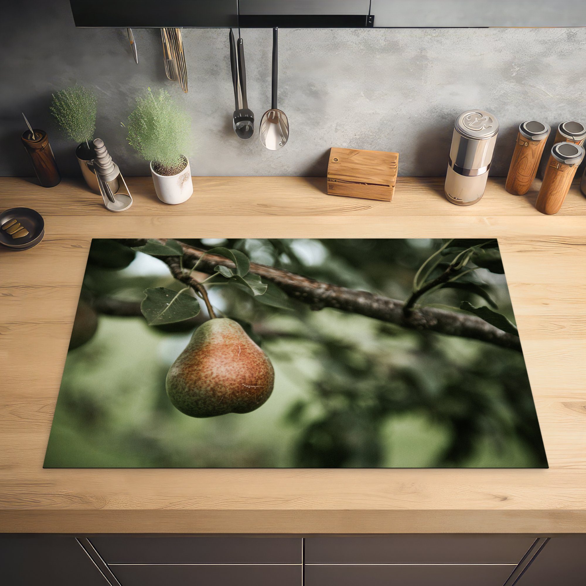 Vinyl, Herdblende-/Abdeckplatte Ceranfeldabdeckung MuchoWow Baum Reife Schutz die Birne Induktionskochfeld (1 81x52 küche, cm, am tlg), hängend, für