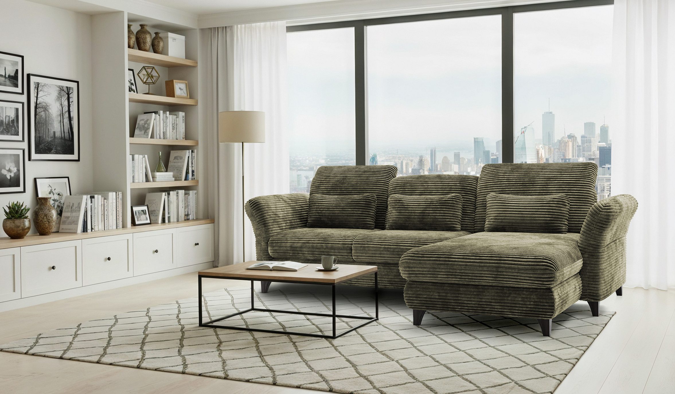 Hygger Möbelhaus Ecksofa Eva L-Form, B/T/H: 253/190/93 cm, inkl. Taschenfedern, 3 Nierenkissen, Wahlweise mit Bettfunktion und Bettkasten, Inkl. Sitztiefenverstellung, Kopfteilverstellung, Armteilverstellung, Hergestellt in Europa