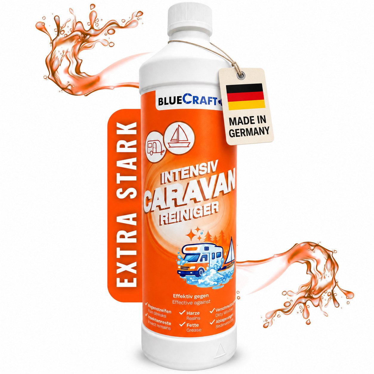 BlueCraft Spezialreiniger für Wohnmobil & Wohnwagen - extra Premium Konzentrat Auto-Reinigungsmittel (1x 1 L Caravanreiniger für bis zu 21 L Anwendungslösung hoch effektiv gegen Regenstreifen & Schmutz - für Acryl- & Plexiglas)