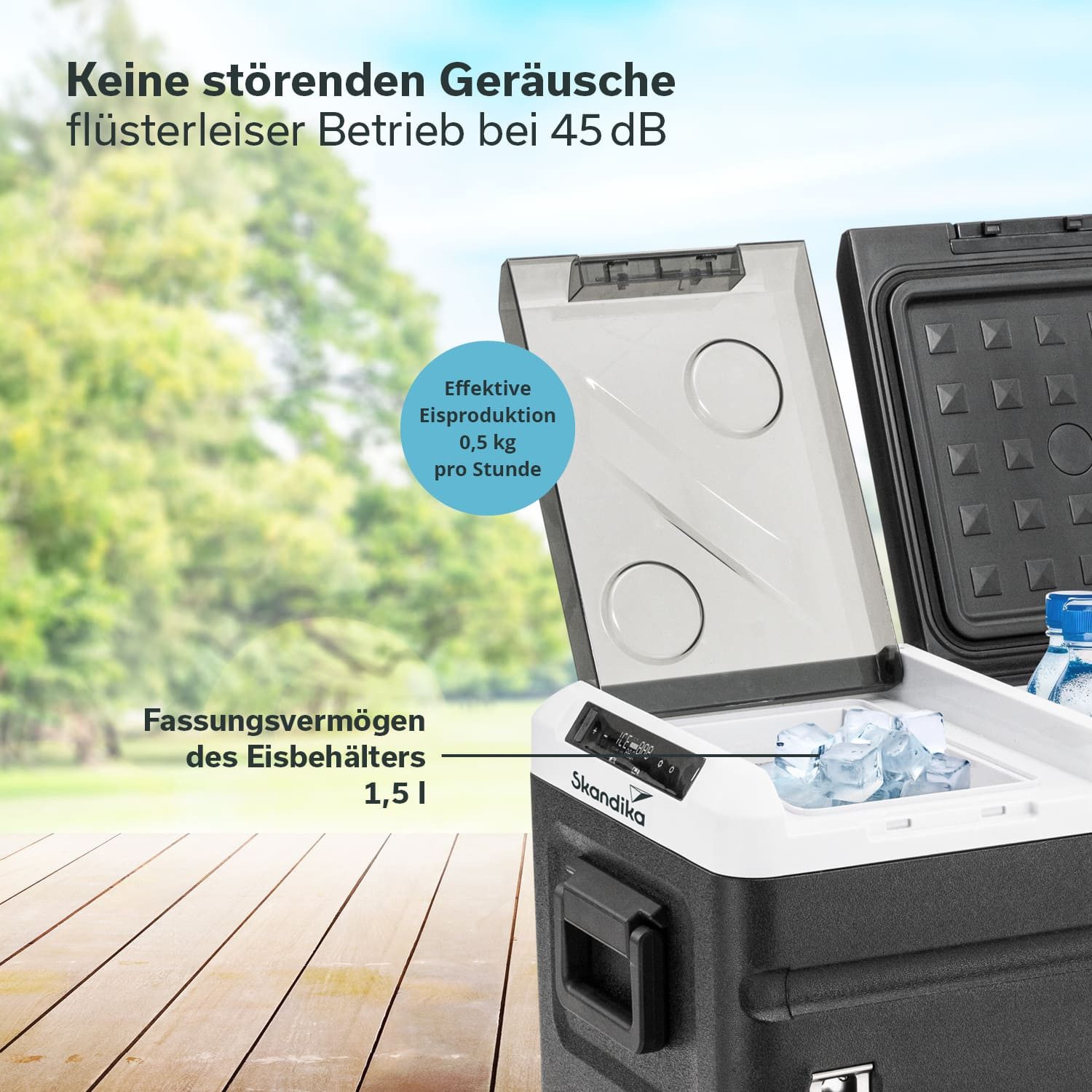 Skandika Elektrische Kühlbox Gefrierbox Routa mit Eiswürfelbereiter, Elektrisch, USB-Ladeanschluss, mit Trennwand, mit Stromanschluss für die Steckdose oder das Auto