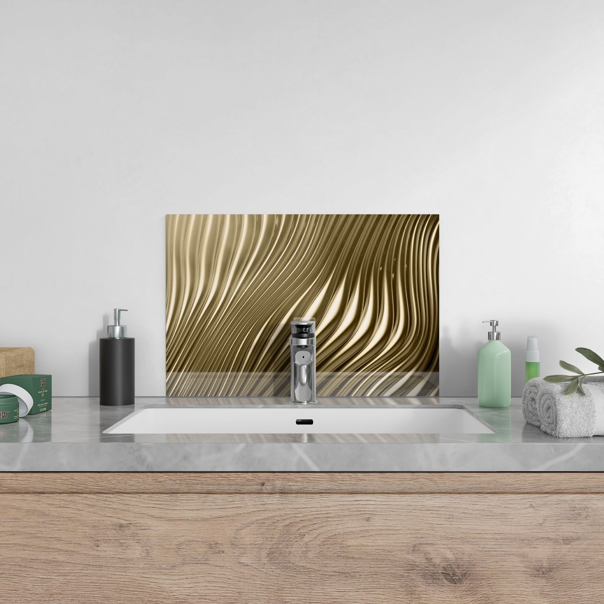 DEQORI Küchenrückwand 'Goldenes Rillendesign', Glas Badrückwand Herdblende Spritzschutz