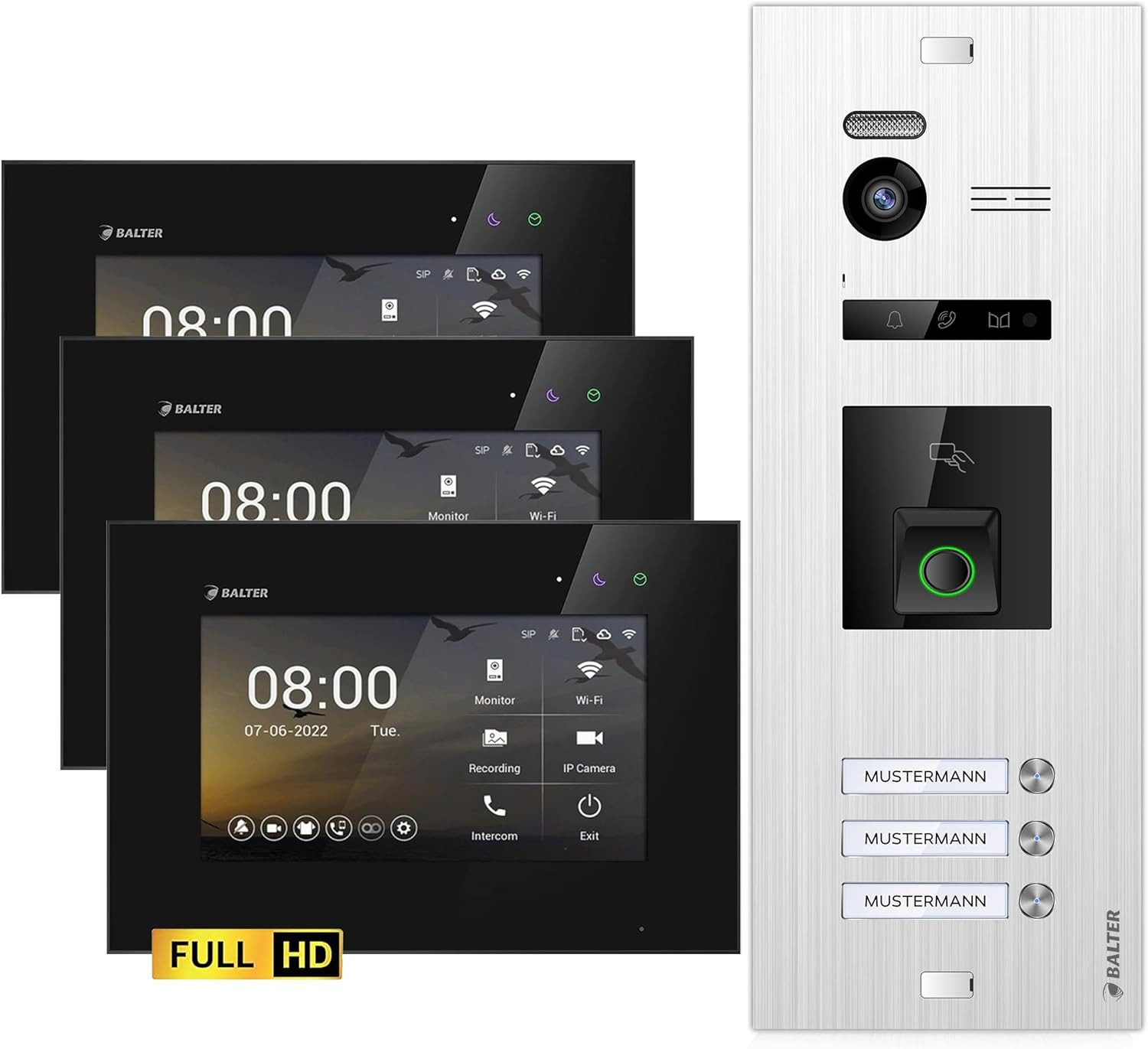 Balter Video-Türsprechanlage HD Video Türsprechanlage mit Fingerprint und RFID für 3 Familienhaus (Mehrfamilienhaus, Komplettset, 3-tlg., 3 Familienhaus, Fingerprint, RFID, 2-Draht-Bus, Full HD Kamera 175° Ultraweitwinkel)