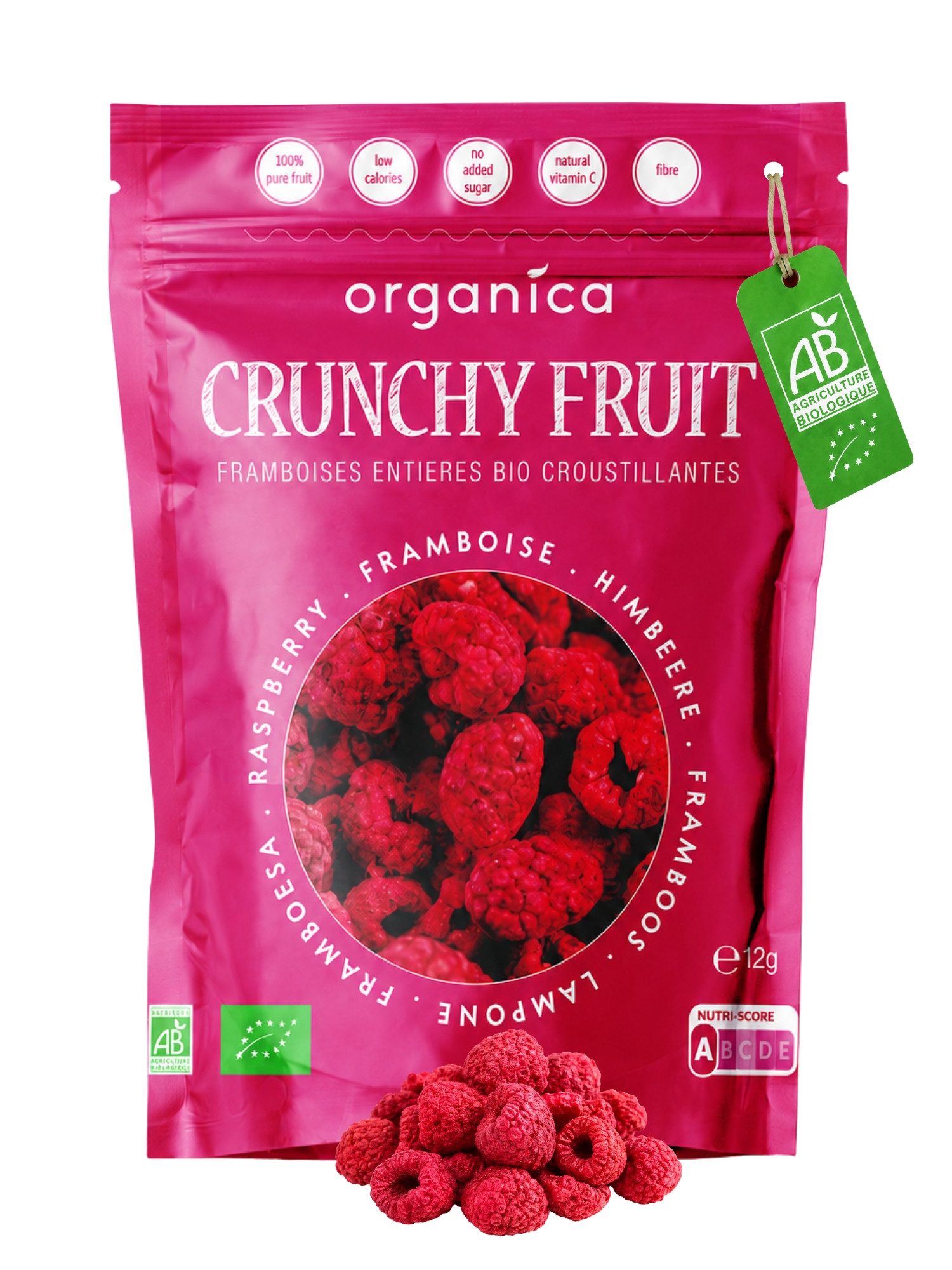 Organica Trockenfrüchte Gefriergetrocknete Bio-Himbeeren, knuspriger Fruchtsnack, 1 x 12 g, Bio-zertifiziert, 100 % Frucht, Ohne Zuckerzusatz, Nutri-Score A