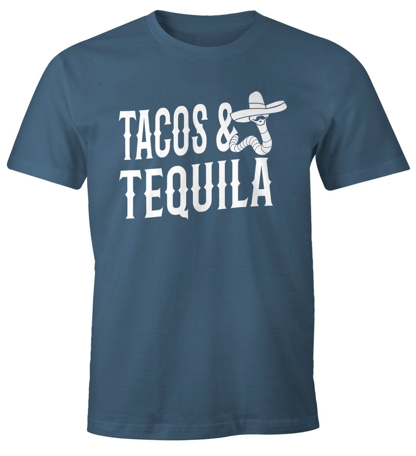 MoonWorks Print-Shirt Herren T-Shirt Tacos & Tequila Wurm Sombrero Tequilla Mexikanisch Moonworks® mit Print blau