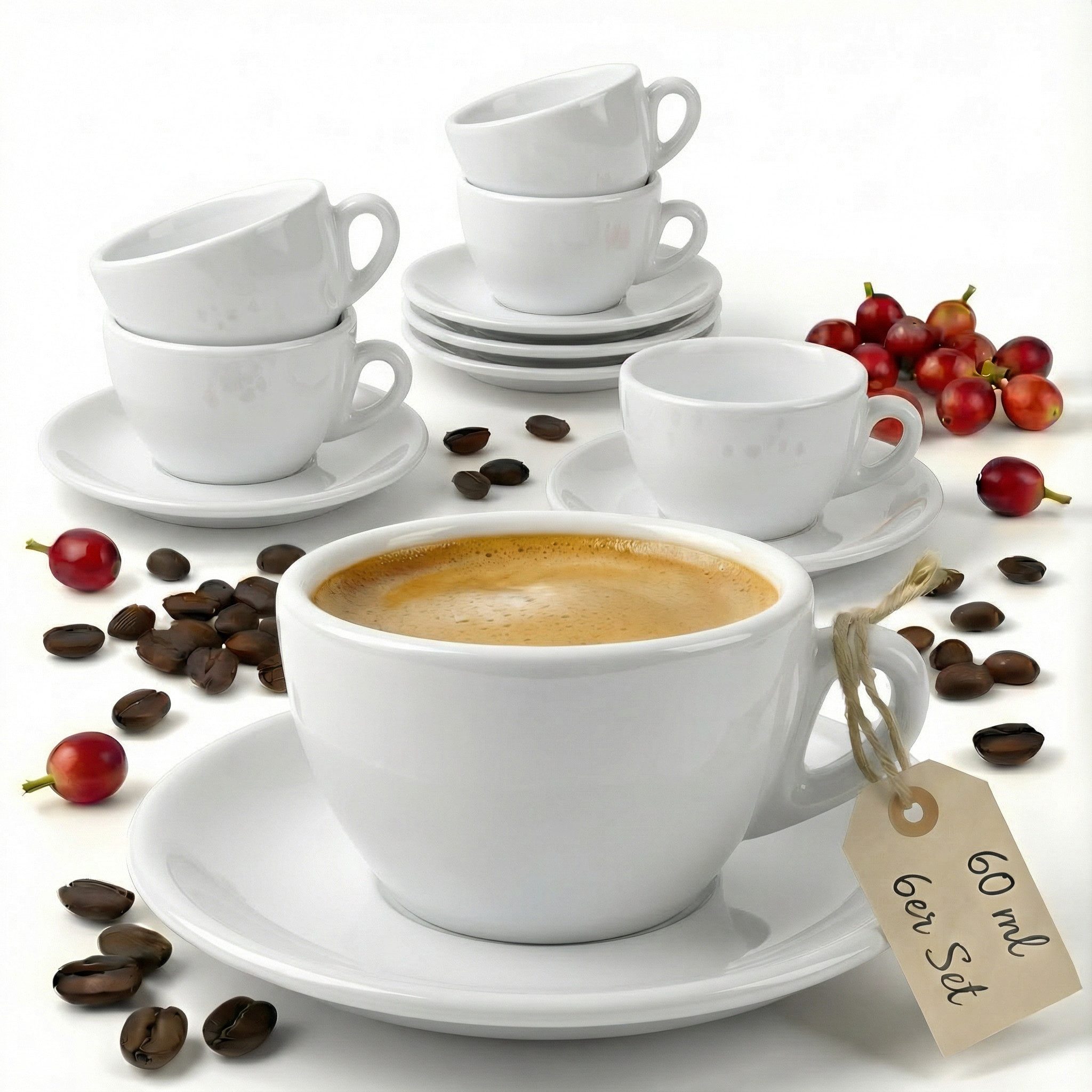 MUVELL Espressotasse 6x Espressotassen & Untertassen Set 0,8 cm dickwandig, weiß, 6-tlg., Keramik, 60 ml weiß