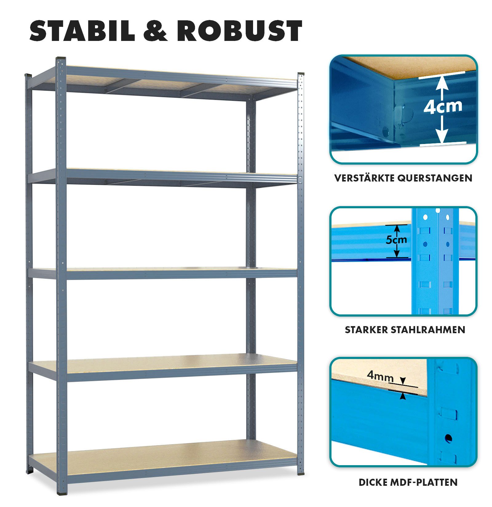 Karat Schwerlastregal Lakota aus Stahl, Belastbar bis 875kg, Aufbau ohne Werkzeug, 5 Böden, Spar-Set 2-tlg., Witterungsbeständig, In- & Outdoor, höhenverstellbare MDF-Böden