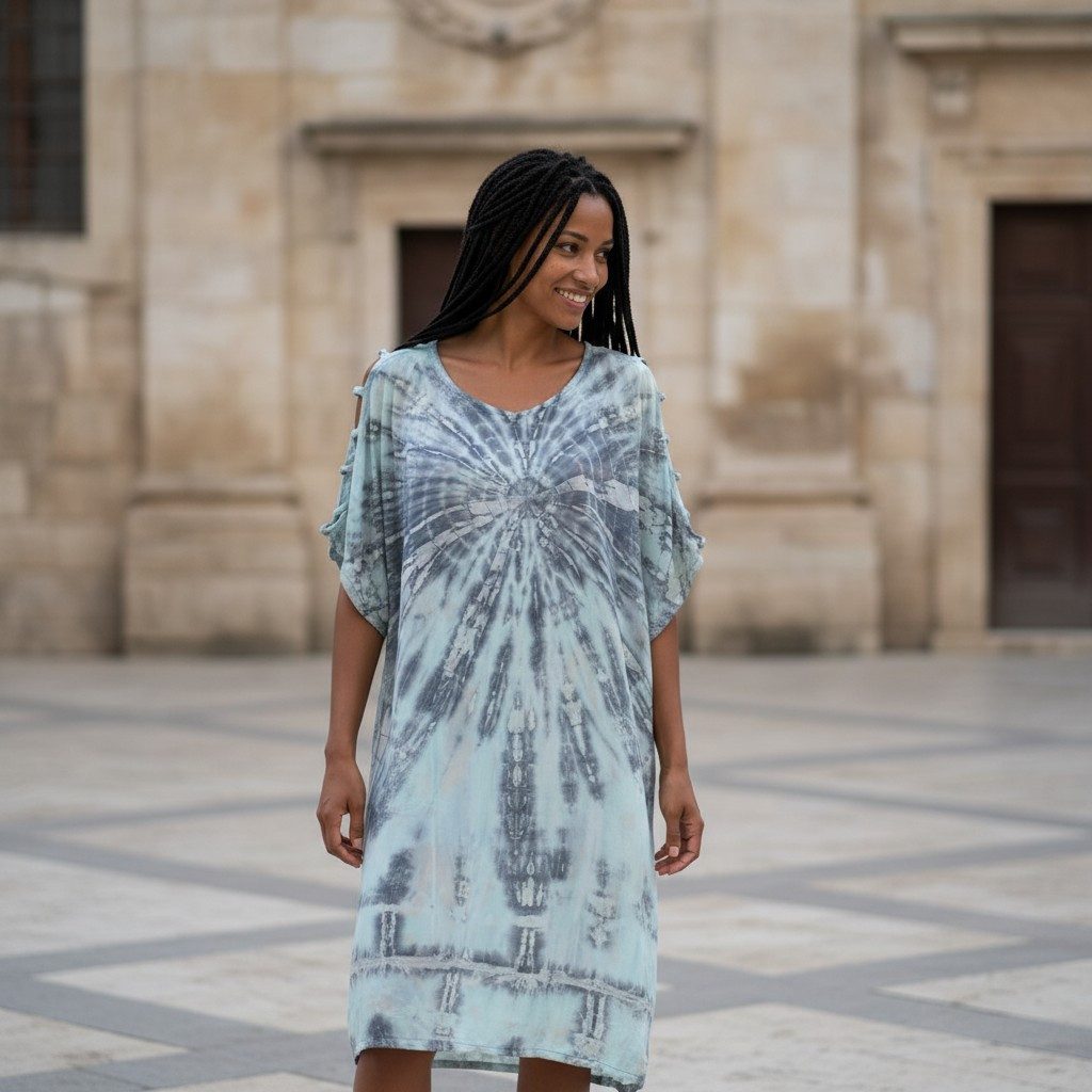 Guru-Shop Midikleid Schulterfreies Batikdress, Cold Shoulder.. Festival, Ethno Style, Hippie, alternative Bekleidung – Bild 3 von 5
