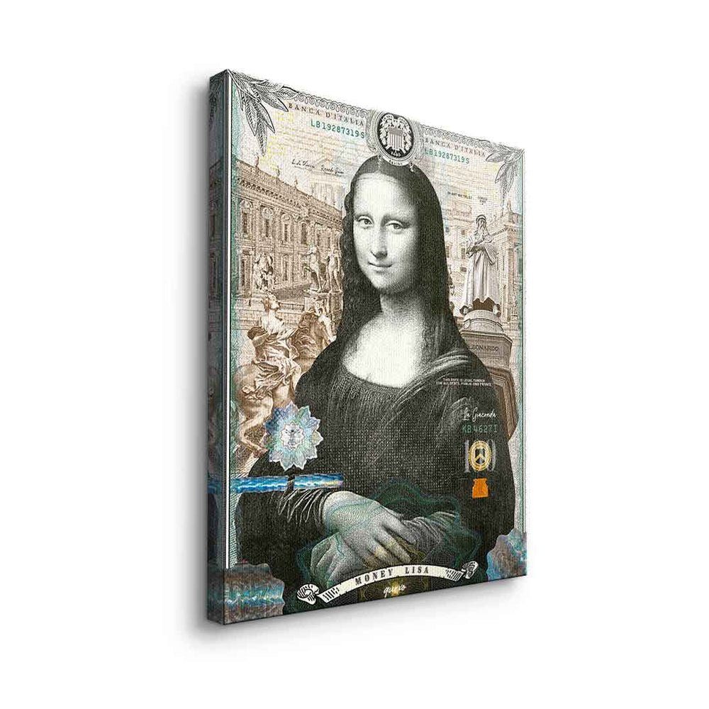 DOTCOMCANVAS® Leinwandbild, Mona silberner Rahmen Pop Art Lisa Lisa Porträt Leinwandbild Money