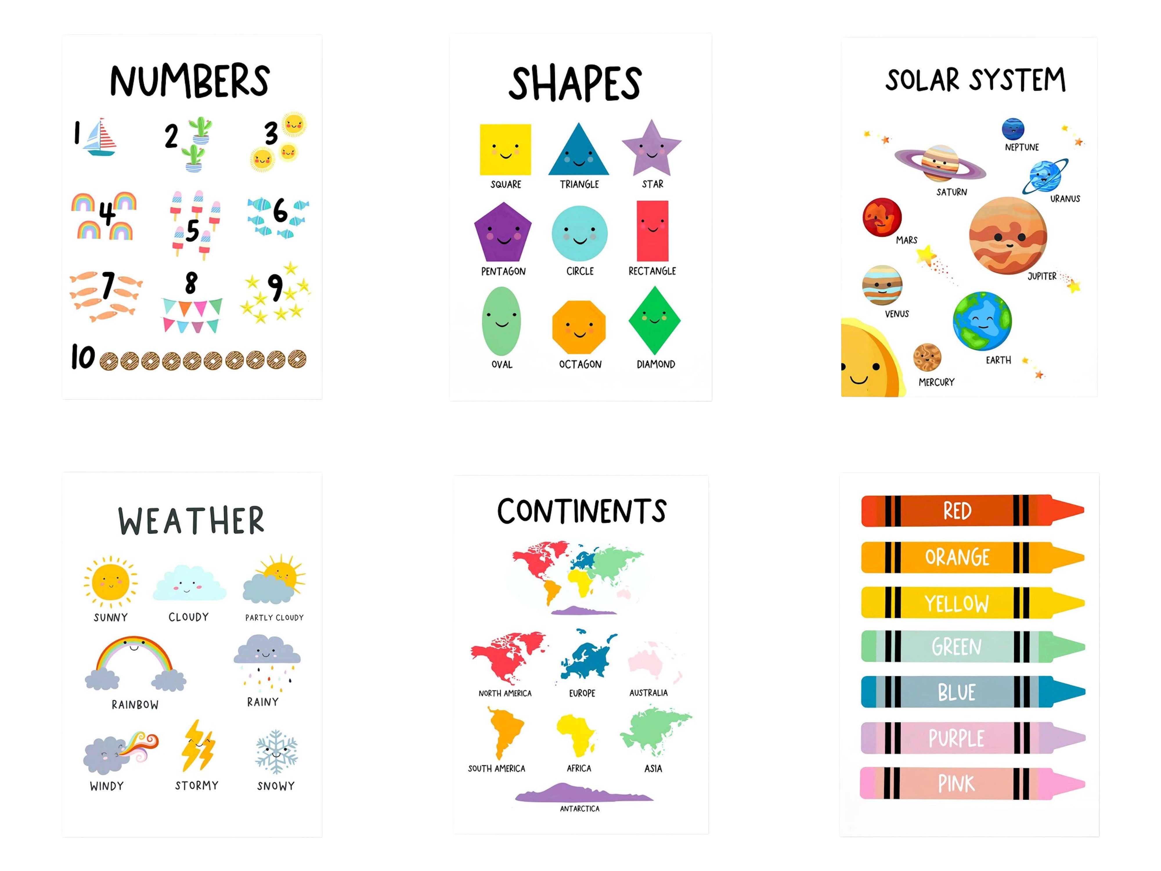 JUSTGOODMOOD Poster Kinder lern Zahlen Kontinente Zahlen Wetter Farben Formen Planeten Dek, F (1 St)