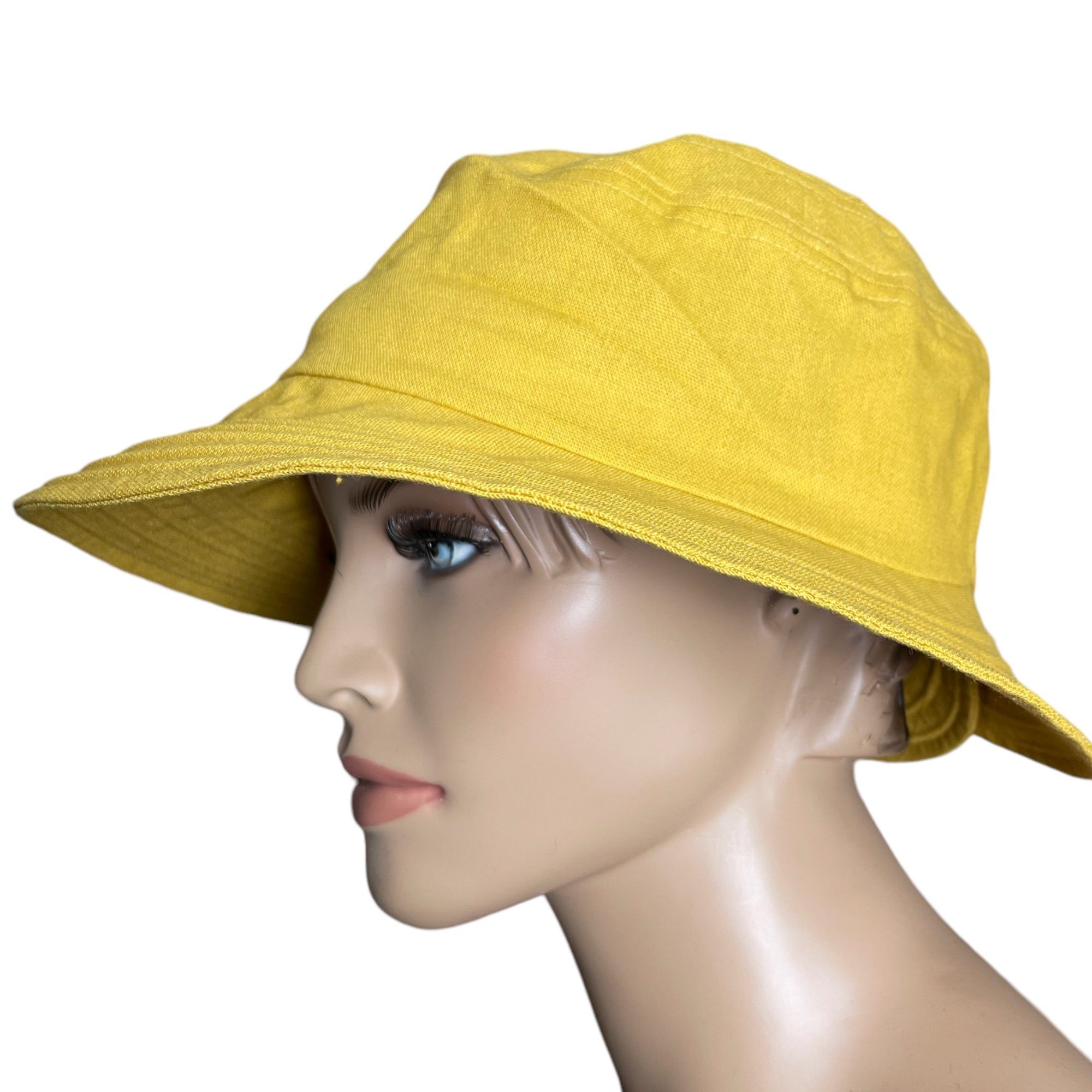 Modischer Taschen4life ockergelb Bucket Hut Sommer Fischerhut Sonnenhut Leinen Hat, Größenverstellbar, unisex,