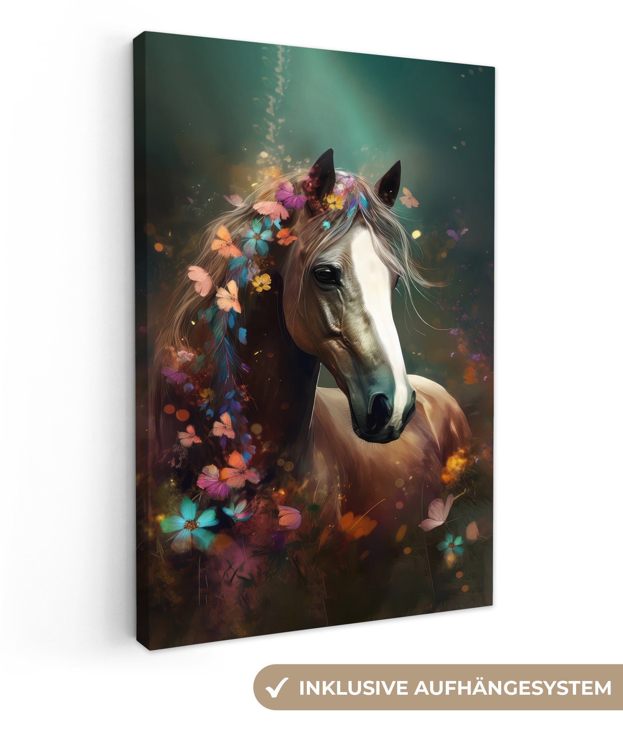 (1 - OneMillionCanvasses® Leinwandbild - St), fertig Pferd inkl. bespannt Schmetterling Natur Leinwandbild Blumen, Tiere - 20x30 Gemälde, cm Zackenaufhänger, -