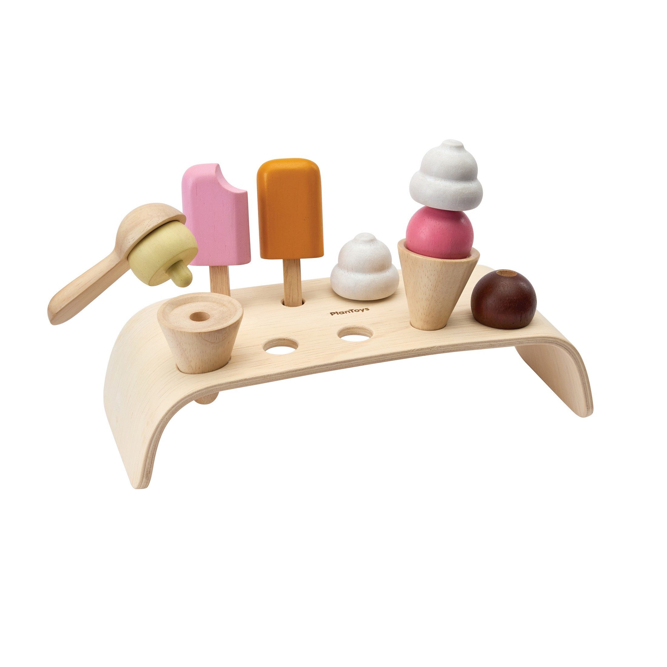 Plantoys Spiellebensmittel PlanToys- Gefrorene Leckerei 18,8x7,5x28 cm - 3y+, (Holzständer, Eis am Stiel, Waffeln, Eiskugeln, Schlagsahne und Eislöffel., 11-tlg)