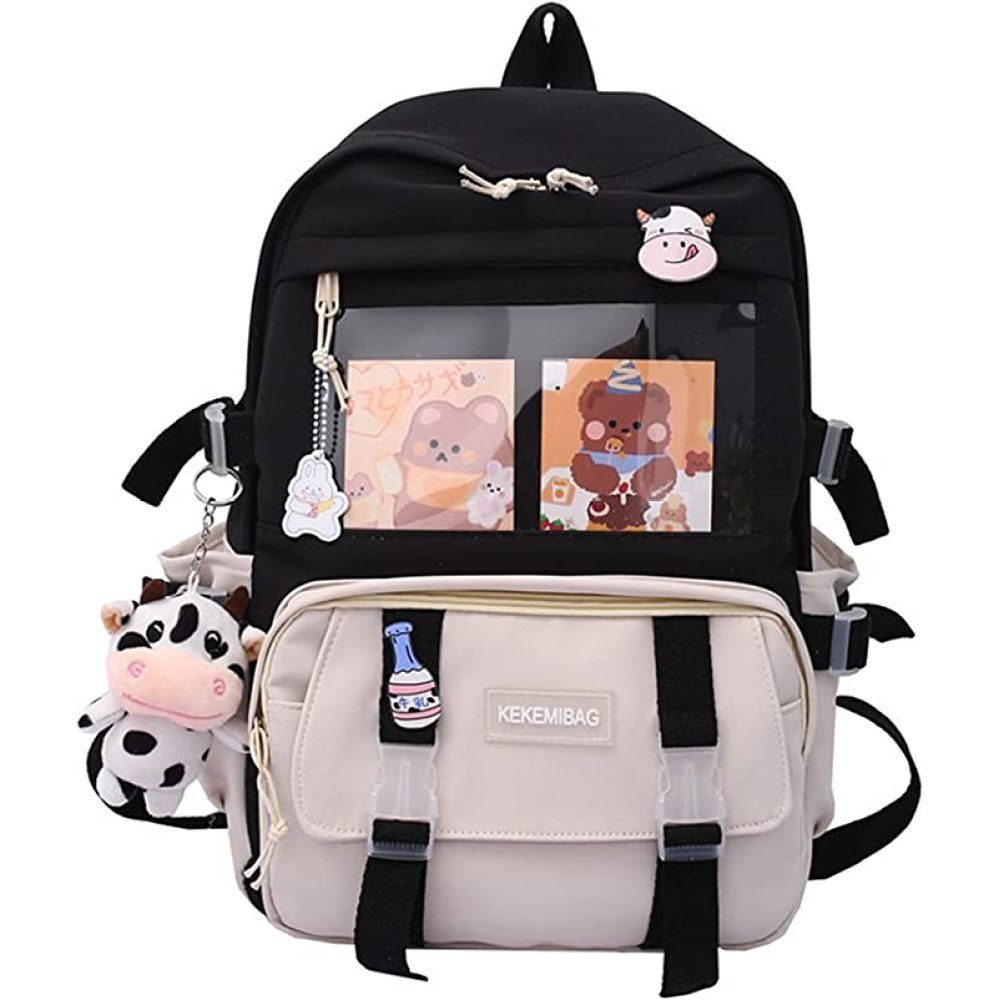 GelldG Rucksack Rucksack mit Anhänger und Zubehör Schöner Rucksack Reise Schultasche Beige+Schwarz