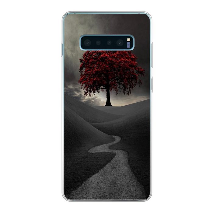 MuchoWow Handyhülle Ein Schwarz-Weiß-Foto mit einem großen roten Baum Phone Case Handyhülle Samsung Galaxy S10+ Silikon Schutzhülle