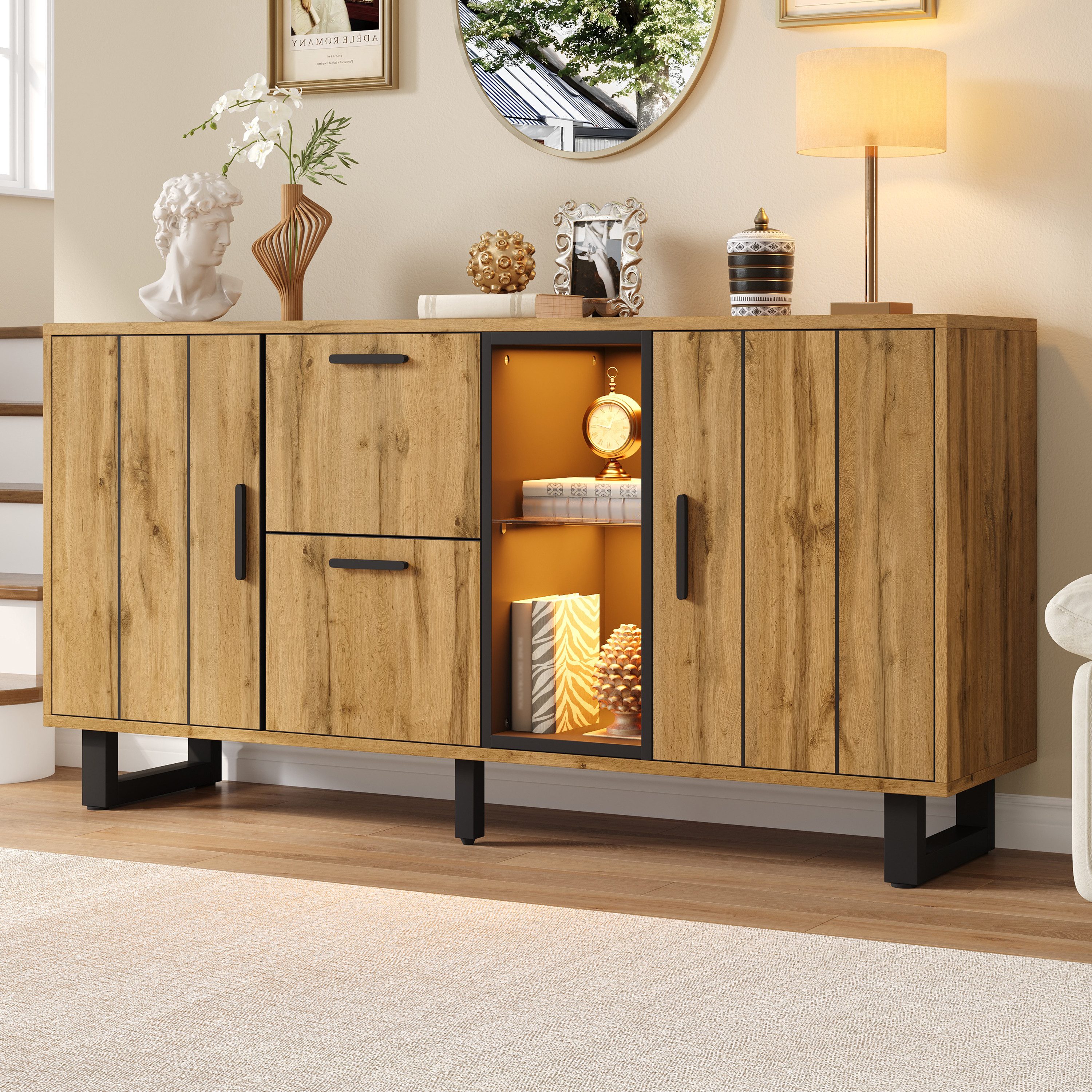 Merax Sideboard mit LED-Beleuchtung, Wohnzimmerschrank in Naturholzfarbe & Schwarz (1 St., 160x40x73 cm), Kommode mit 2 Schubladen, 2 Türen & Glas-Ablage,Anrichte,Buffetschrank