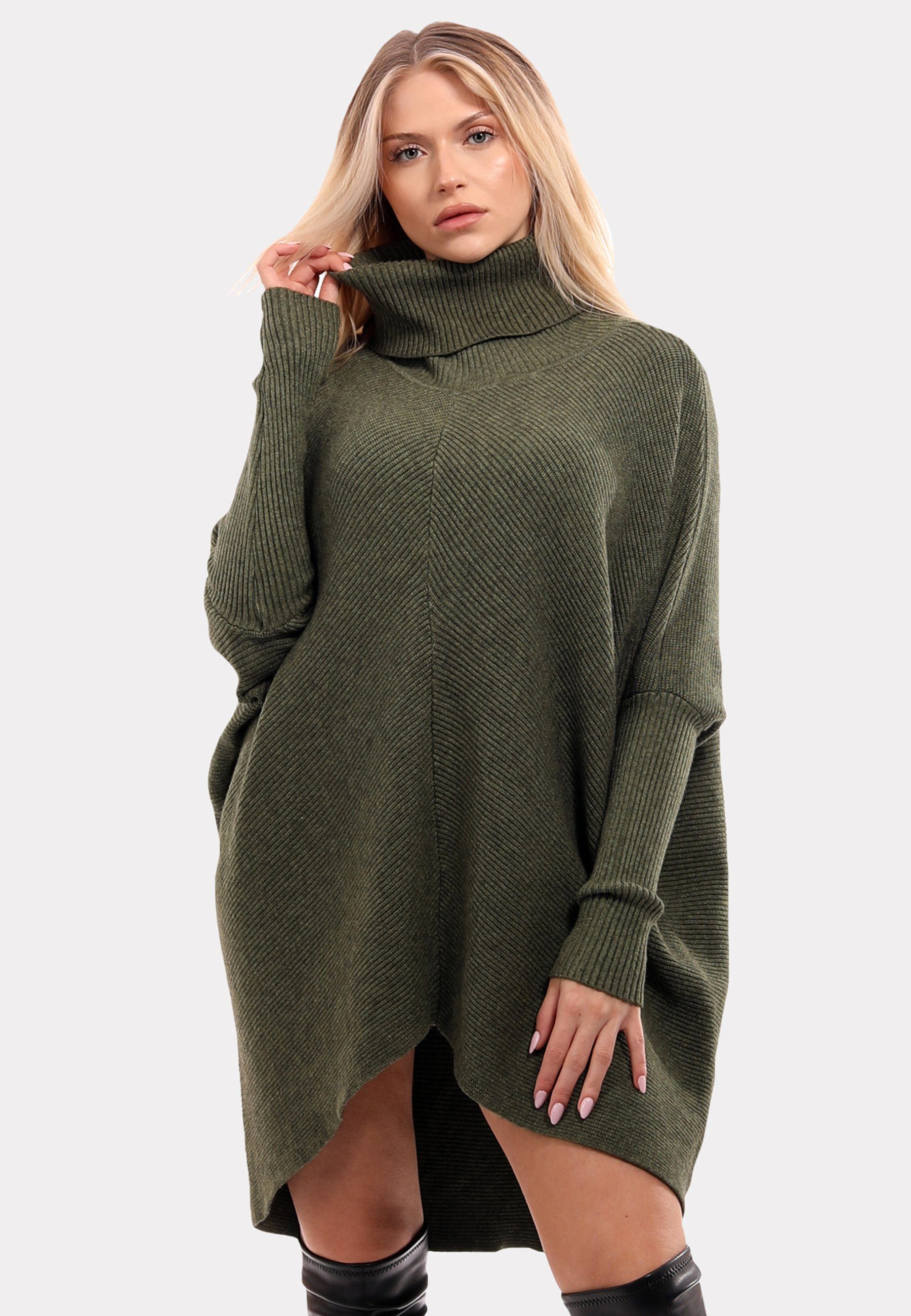 Unifarbe, khaki (1-tlg) Strickpullover mit Schultern Longpullover Rollkragen YC mit überschnittenen in asymmetrisch Size Style Plus & Fashion