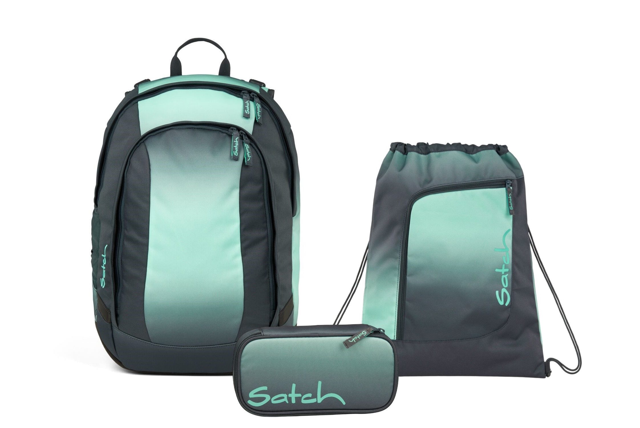 Satch Schulranzen Schulrucksack-Set AIR Gradient Mint 3-teilig (33-teilig), Schulranzen, ergonomisch, Laptop-Fach, Your-Size-System