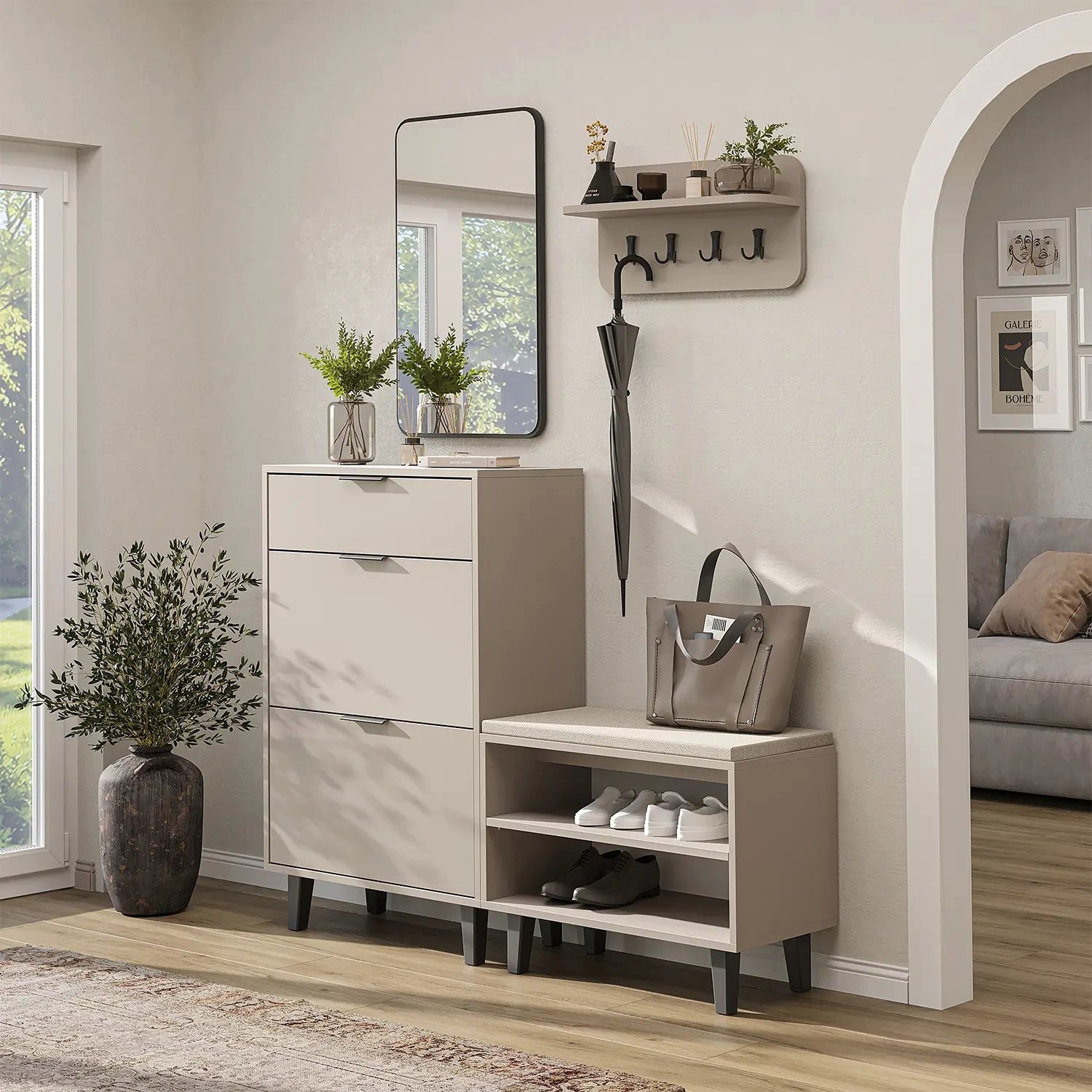Roomart Garderoben-Set NORD 4-tlg., Schuhschrank, offene Sitzbank, Wandgarderobe & Spiegel, (Komplett-Set, 4-teilig), Modular aufstellbar