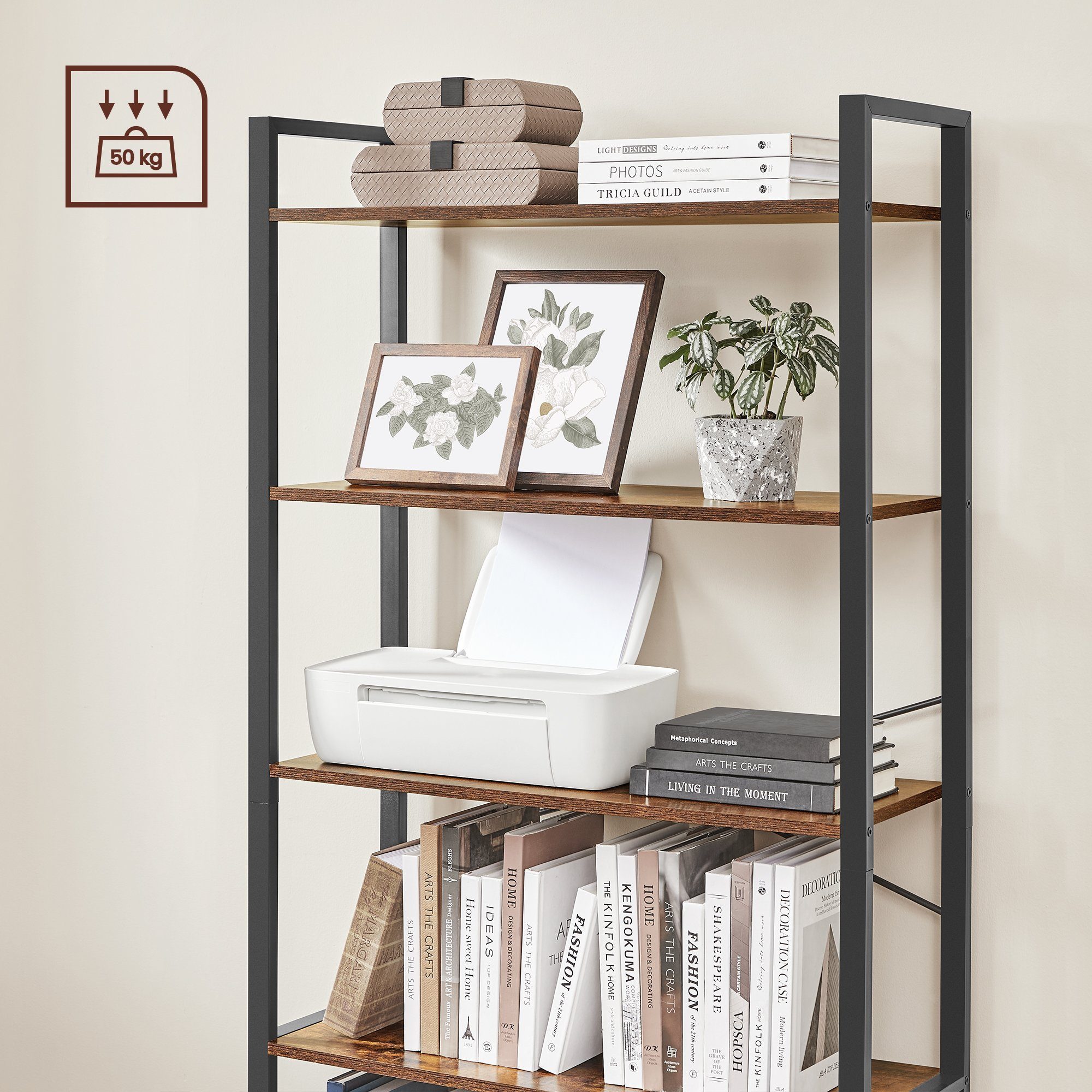 VASAGLE Bücherregal Standregal, DVD-Regal, Büroregal, Büro, Wohnzimmer, Schlafzimmer, Flur, mit 5 Ebenen, Stahlgestell, Holzspanplatten, 80 x 153 x 30 cm
