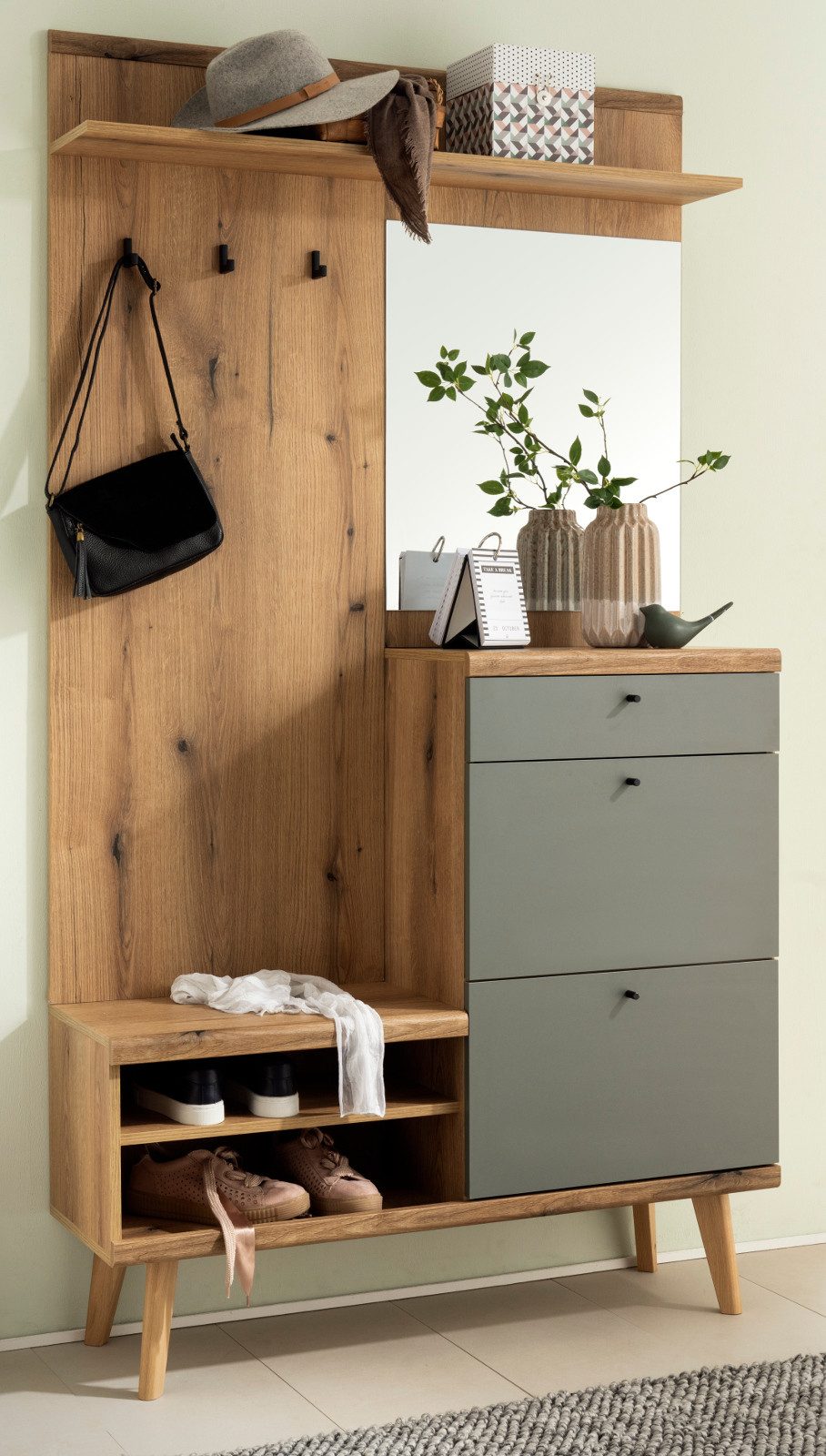 Furn.Design Kompaktgarderobe Juna (Garderoben Set in Evoke Eiche und Salbei grün, 110 x 200 cm) mit viel Stauraum