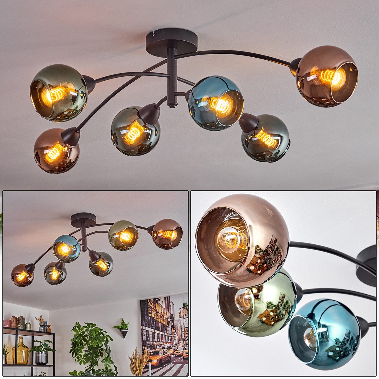 hofstein Deckenleuchte Deckenlampe aus Metall/Glas in Schwarz/Grün/Kupferfa günstig online kaufen
