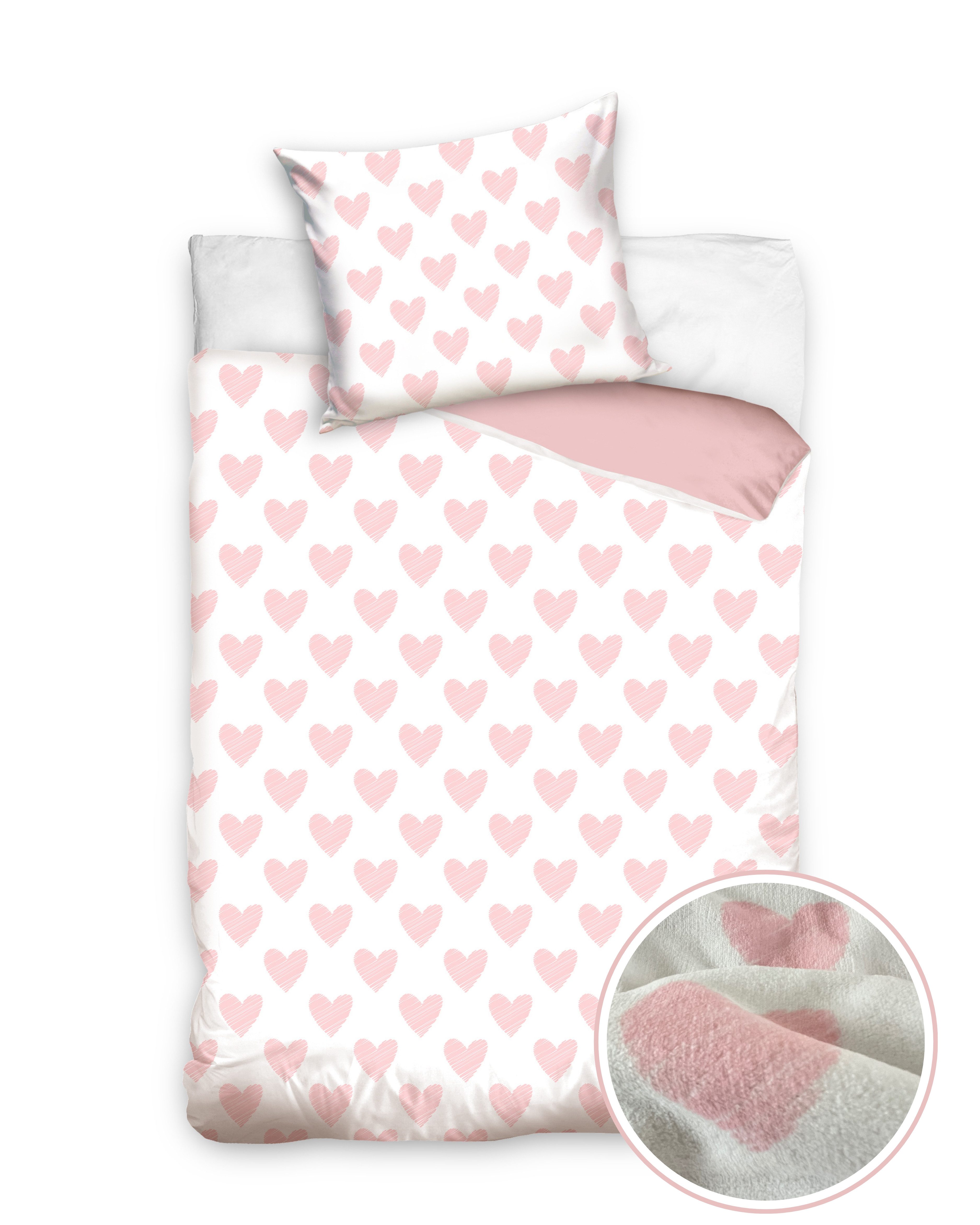 MTOnlinehandel Постельное белье Winterbettwäsche Herzen 135x200 + 80x80 cm, Winter Plüsch Teddy, Coral Fleece, 2 teilig, Partnerbettwäsche kuscheliger als Biber Flanell