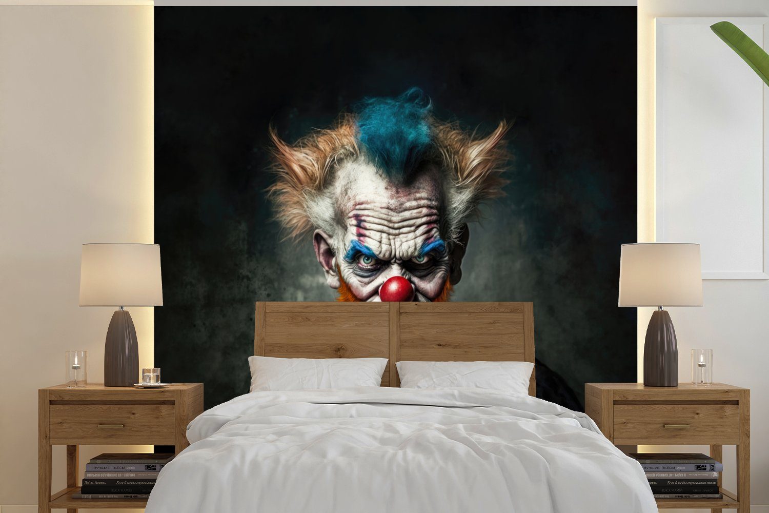 MuchoWow Fototapete Clown - Porträt - Make-up - Clownsnase - Kleidung, Matt, bedruckt, (4 St), Vliestapete für Wohnzimmer Schlafzimmer Küche, Fototapete