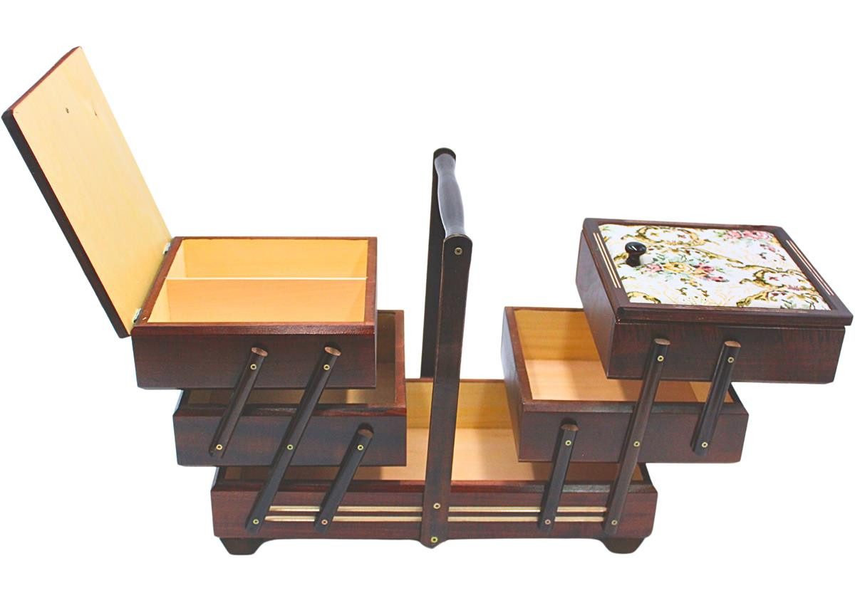 Dekohelden24 Nähkorb Hochwertiger Nähkasten, Nähkästchen aus Furnierholz mit 7 Fächern und (1 St), und Stoffbezug Rosenmotiv in Braun, L/B/H 42 x 20 x 21 cm . – Bild 5 von 5