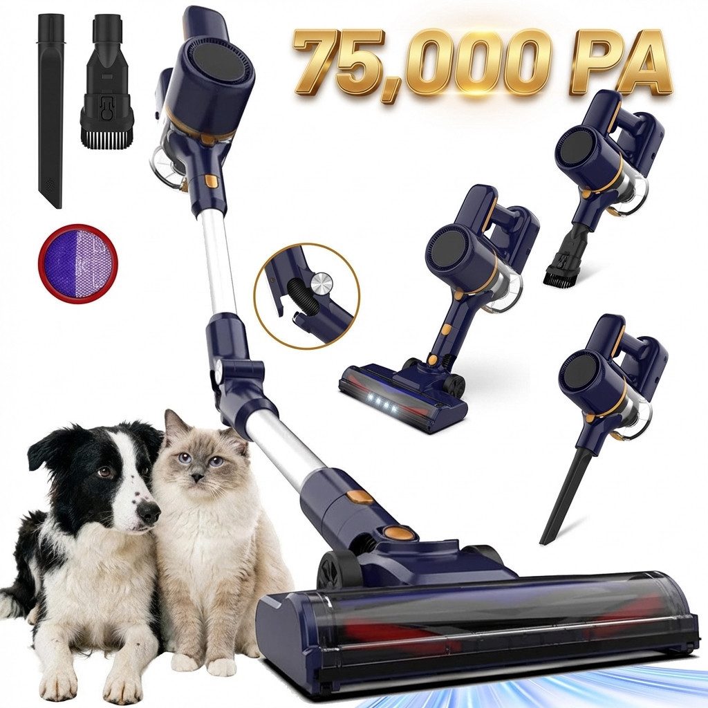 SWGOTA Akku-Hand-und Stielstaubsauger Akku Staubsauger 75000Pa/65Min/1,7 L Staubsauger Kabellos, mit Beutel, 50dB leise/6-Stufen-Filter/LED Display, Ideal für Böden/Teppiche/Auto