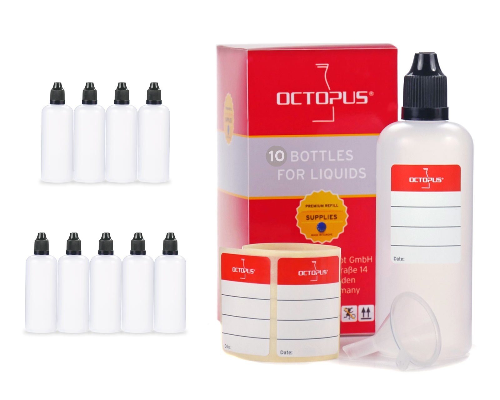 OCTOPUS Kanister 10 G14, 100 LDPE, Deckel 1 Tropfeinsatz, (10 Plastikflaschen schwarz, ml St)