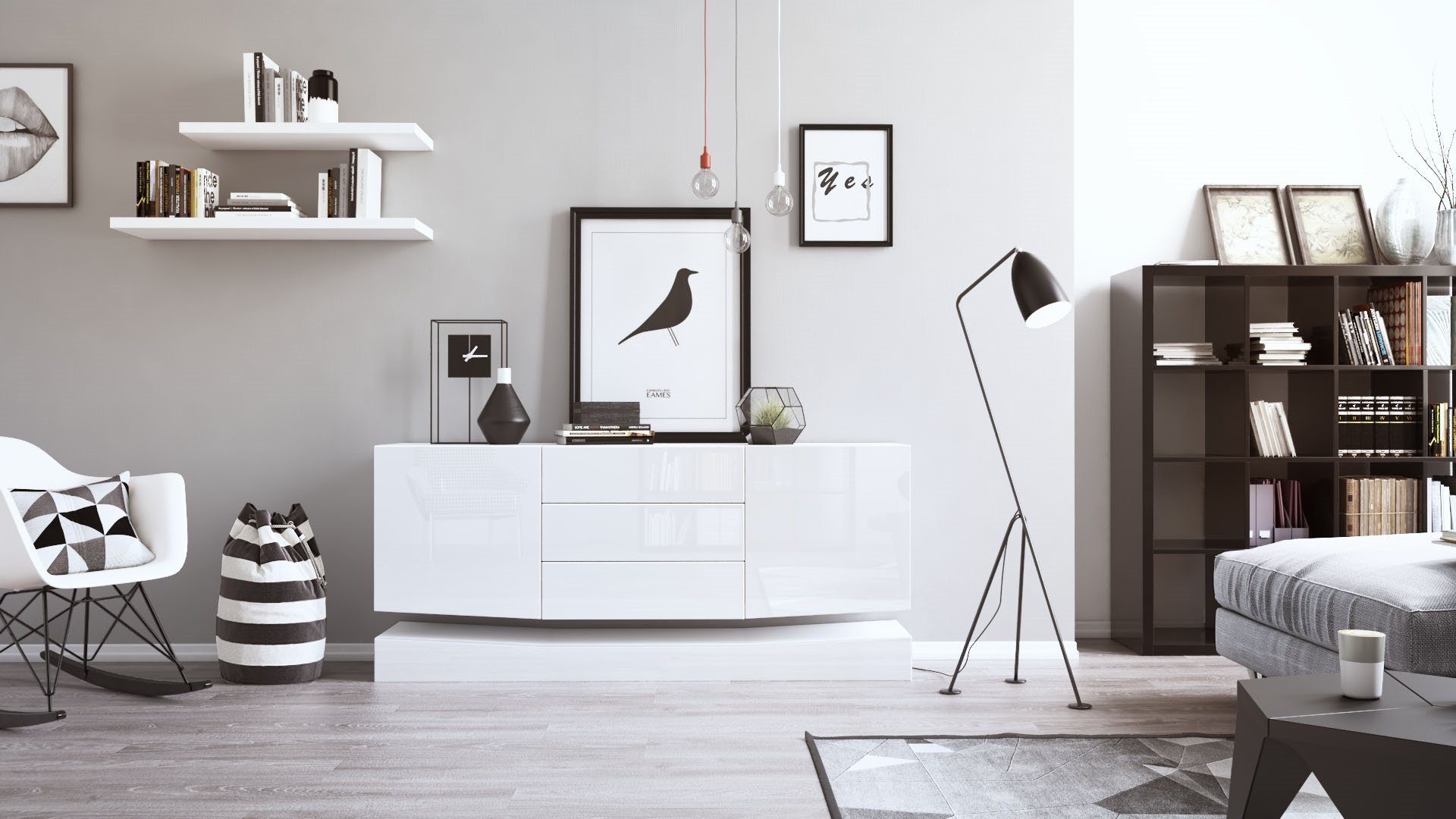 Vladon Sideboard City (Kommode, mit 2 Türen und 3 Schubladen), Weiß matt/Weiß Hochglanz (178 x 72 x 38 cm)