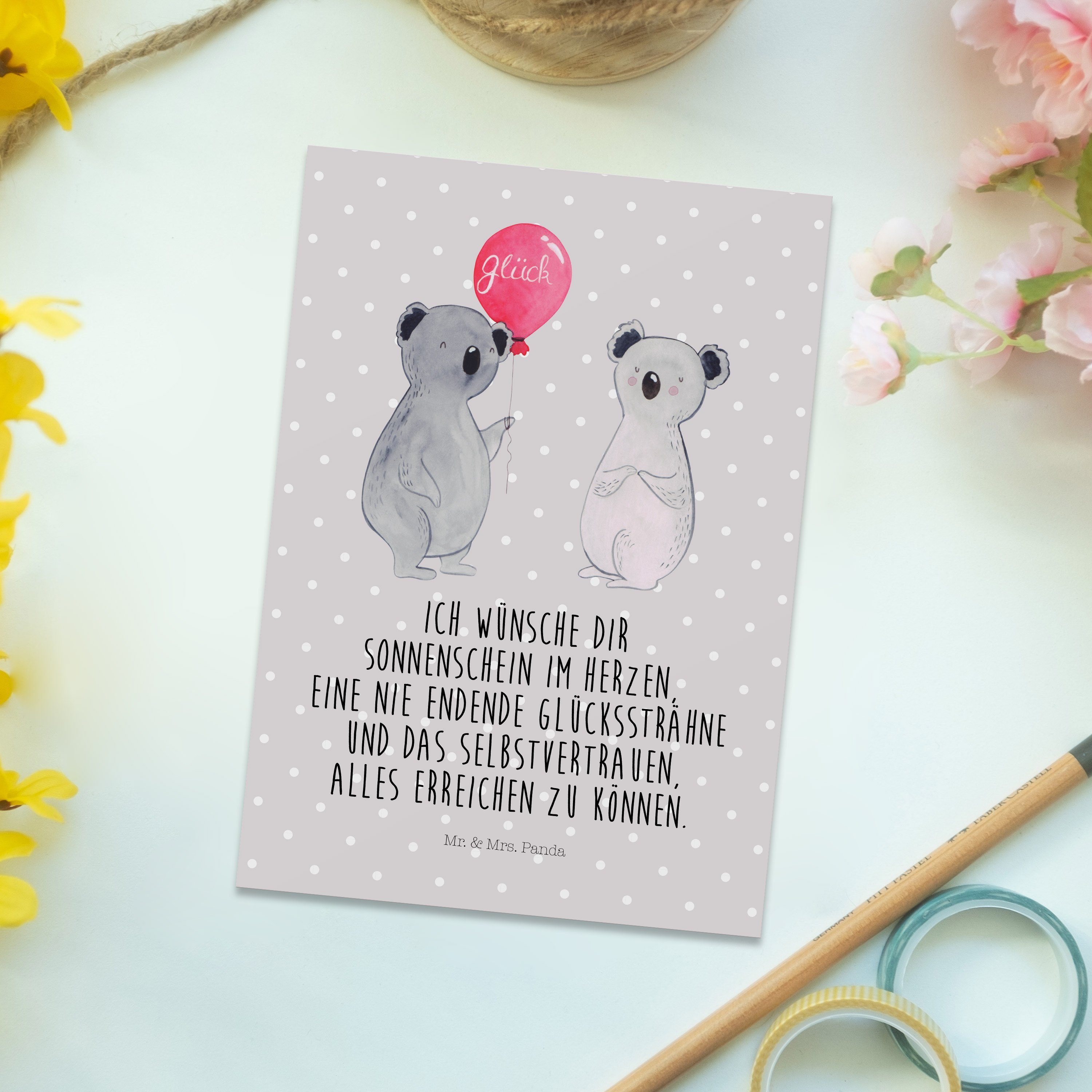 Mr. & Mrs. Panda Postkarte Koala Luftballon, Postkarte, Grau Pastell, Party, Ansichtskarte, Post, bildkarte Fotokarte Designkarte