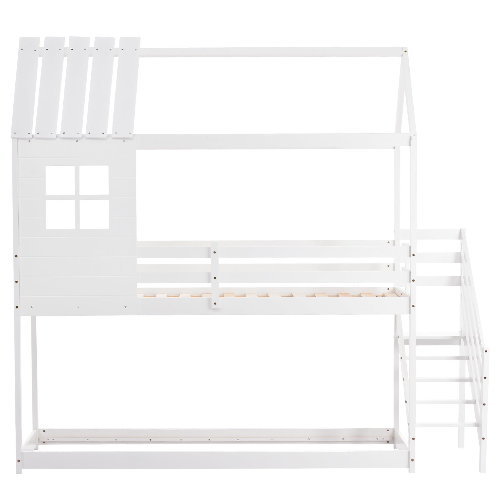 Etagenbett (Hochbett Hausbett Spielbett mit Treppe, Fallschutz und Lattenrost), Kinderbett Stockbett 90x200 cm, Kiefer, Ohne Matratze, Weiß