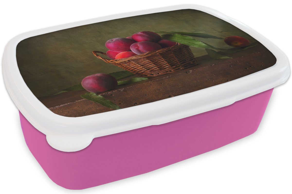 MuchoWow Lunchbox Brotdose für Kunststoff, - Kinder, Brotbox Pflaume Obst Erwachsene, - - Stilleben, Snackbox, Rosa - Mädchen, Kunststoff Rustikal Korb - (2-tlg)