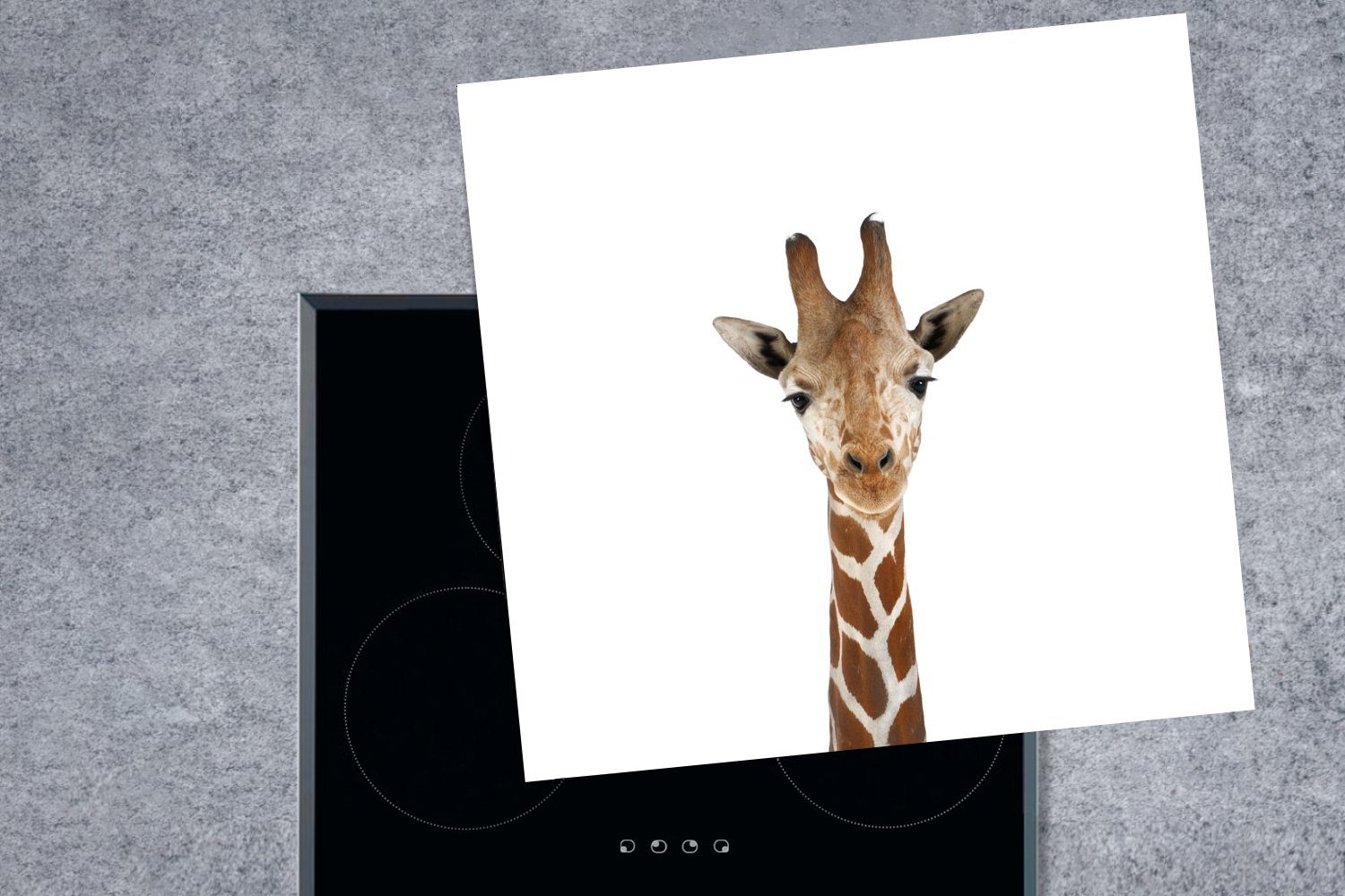 Vinyl, Porträt, Wildtiere für - - tlg), - - Ceranfeldabdeckung, Herdblende-/Abdeckplatte Arbeitsplatte cm, (1 Tiere 78x78 MuchoWow küche Kinder Giraffe