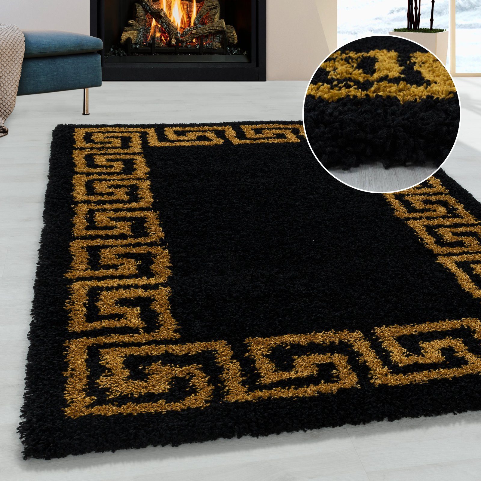 Hochflor-Teppich Shaggy Langflorteppich gemustert Wohnzimmer, Miovani, 30 mm Gold Hochflorteppich Höhe