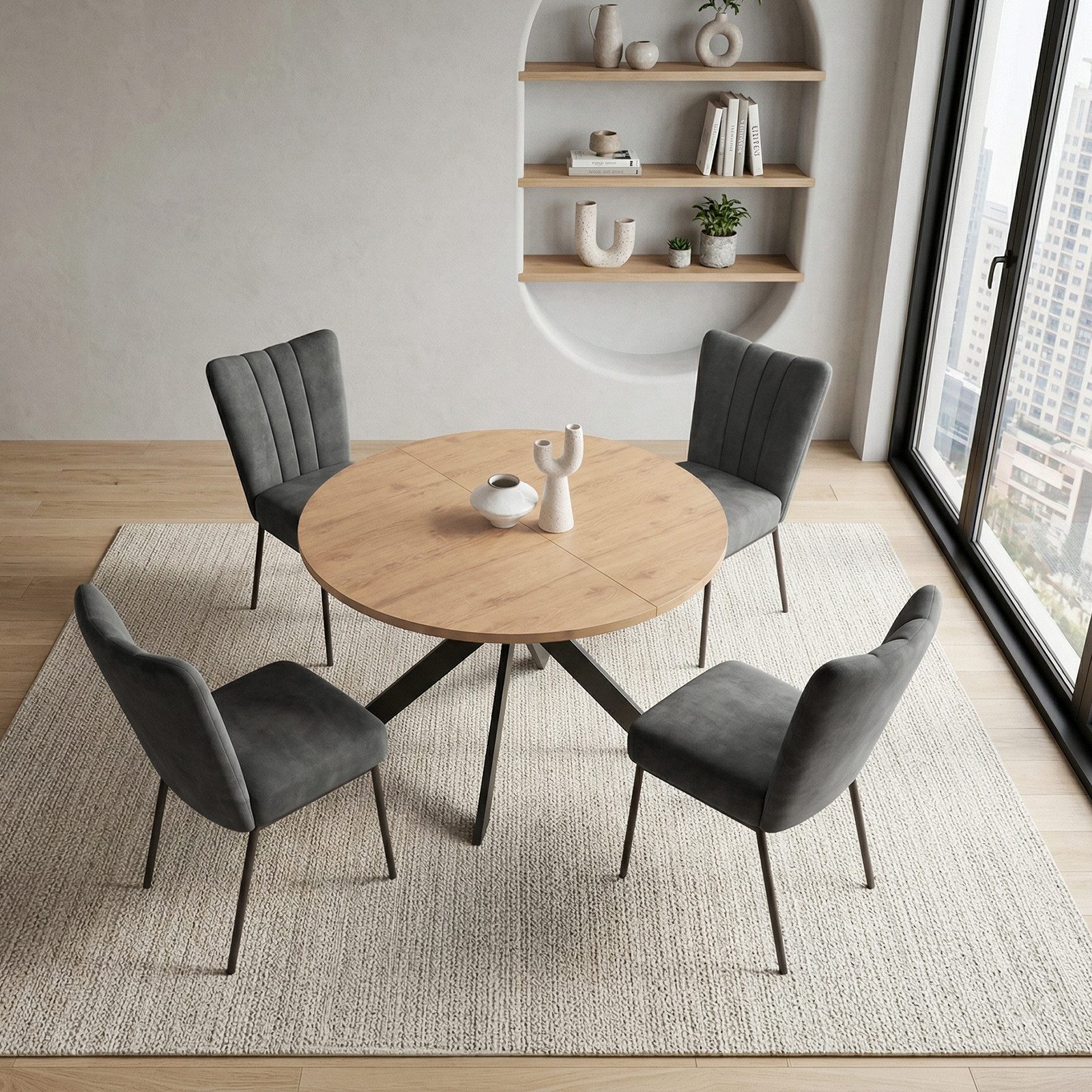 Jiexi Essgruppe Tisch- und Stuhlset, Runder Esstisch (115×75 cm) mit 4 Stühlen – Bild 2 von 5