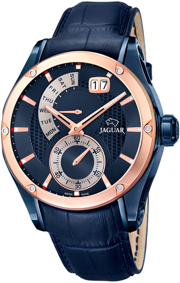 JAGUAR Quarzuhr Jaguar Herren Uhr blau, Armbanduhr Fashion, Wochentag J815/A rund, Leder, Lederarmband Fashion Herren