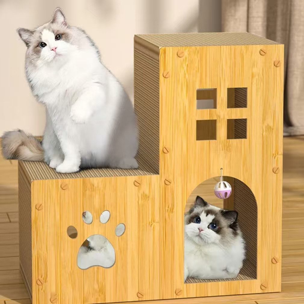 Jumpeak Kratzbrett Multifunktionales Doppelstock-Villa-Kratzbrett für Katzen, WellpappeX6 GlöckchenX2 DielenX4,45cmX23cmX45cm
