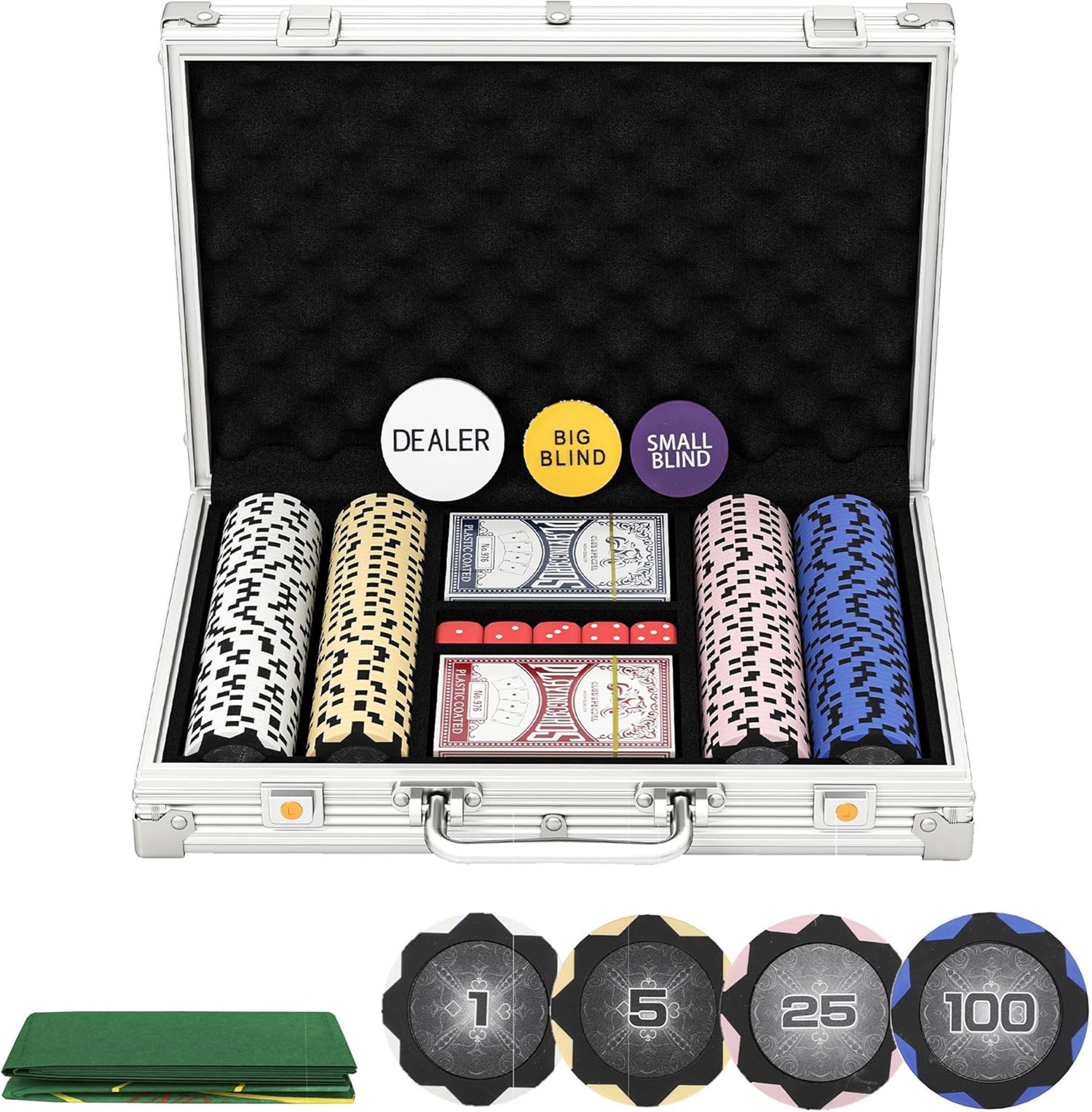 Luckice Spielesammlung 200-teiliges Pokerset mit abschließbarem Aluminiumkoffer, Poker, Texas Hold'em, Blackjack, Omaha Poker, Seven-Card Stud, Five-Card Stud, Komplettset mit 200 Clay-Chips, Für 2–6 Spieler geeignet
